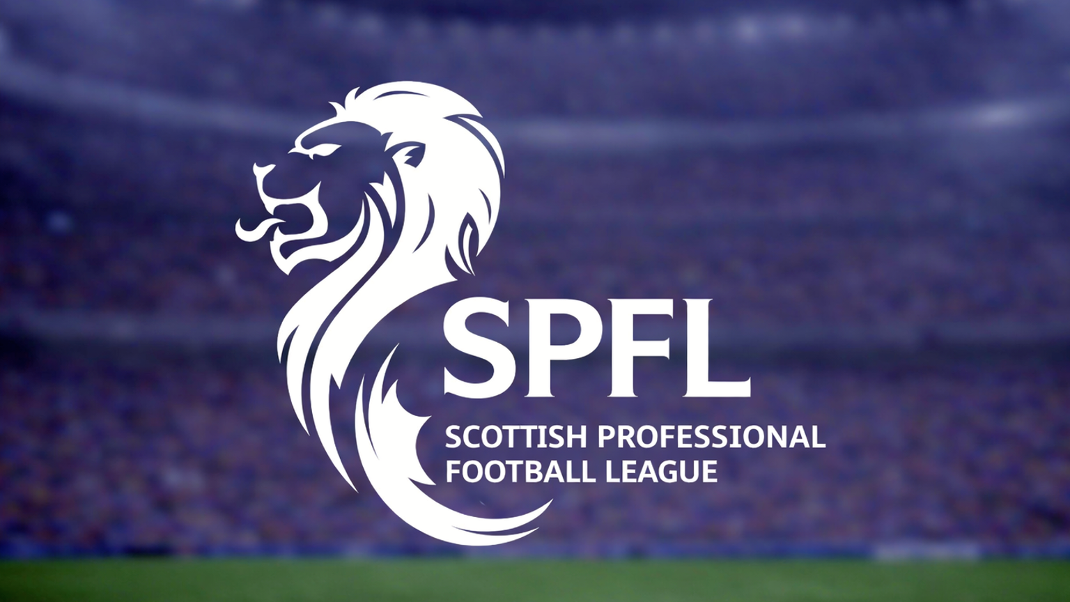White SPFL Scottish Professional Football League logo with a lion emblem, against a blurred football stadium.