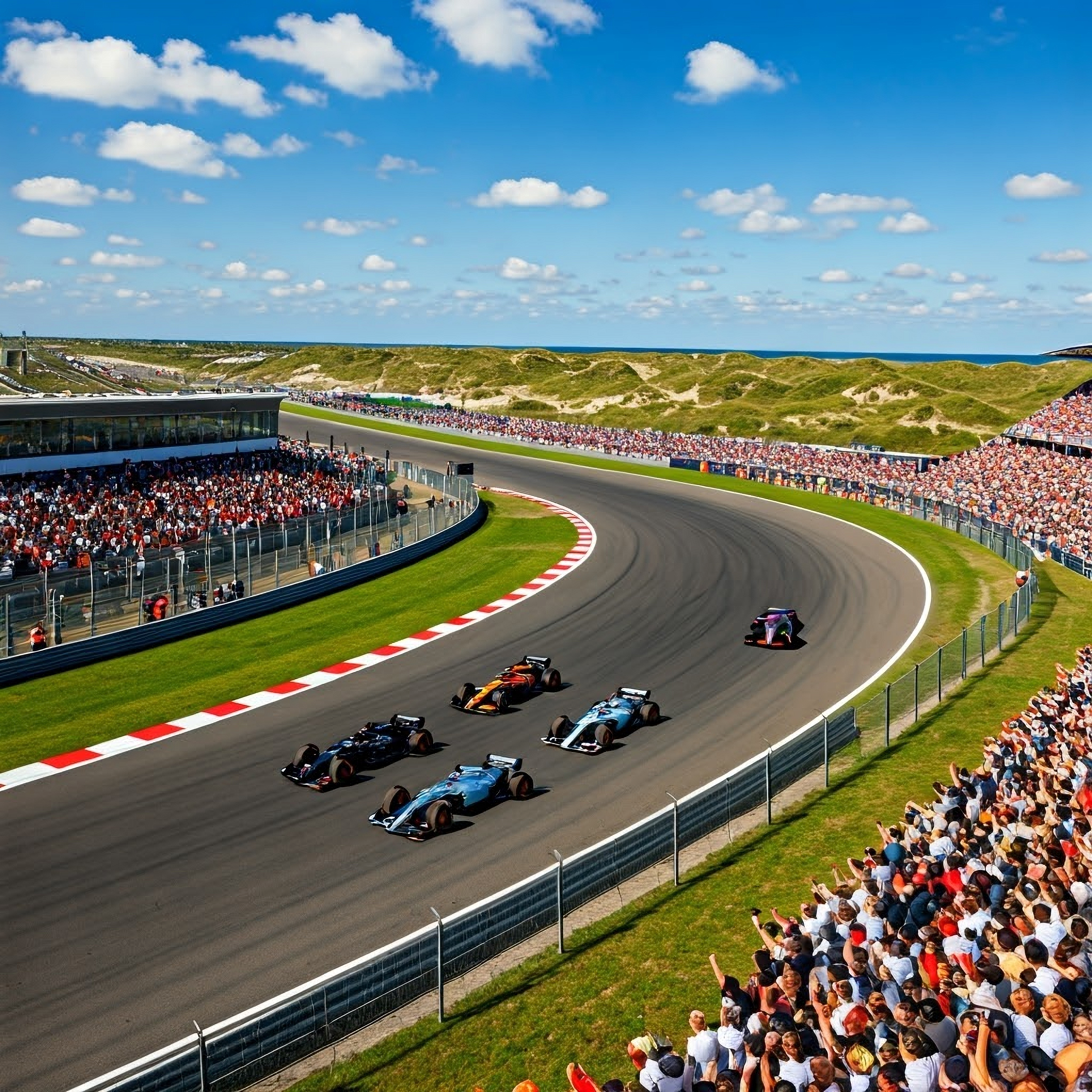 Fünf Rennwagen auf einer Strecke mit großen Menschenmengen, Küstendünen und einem strahlend blauen Himmel.