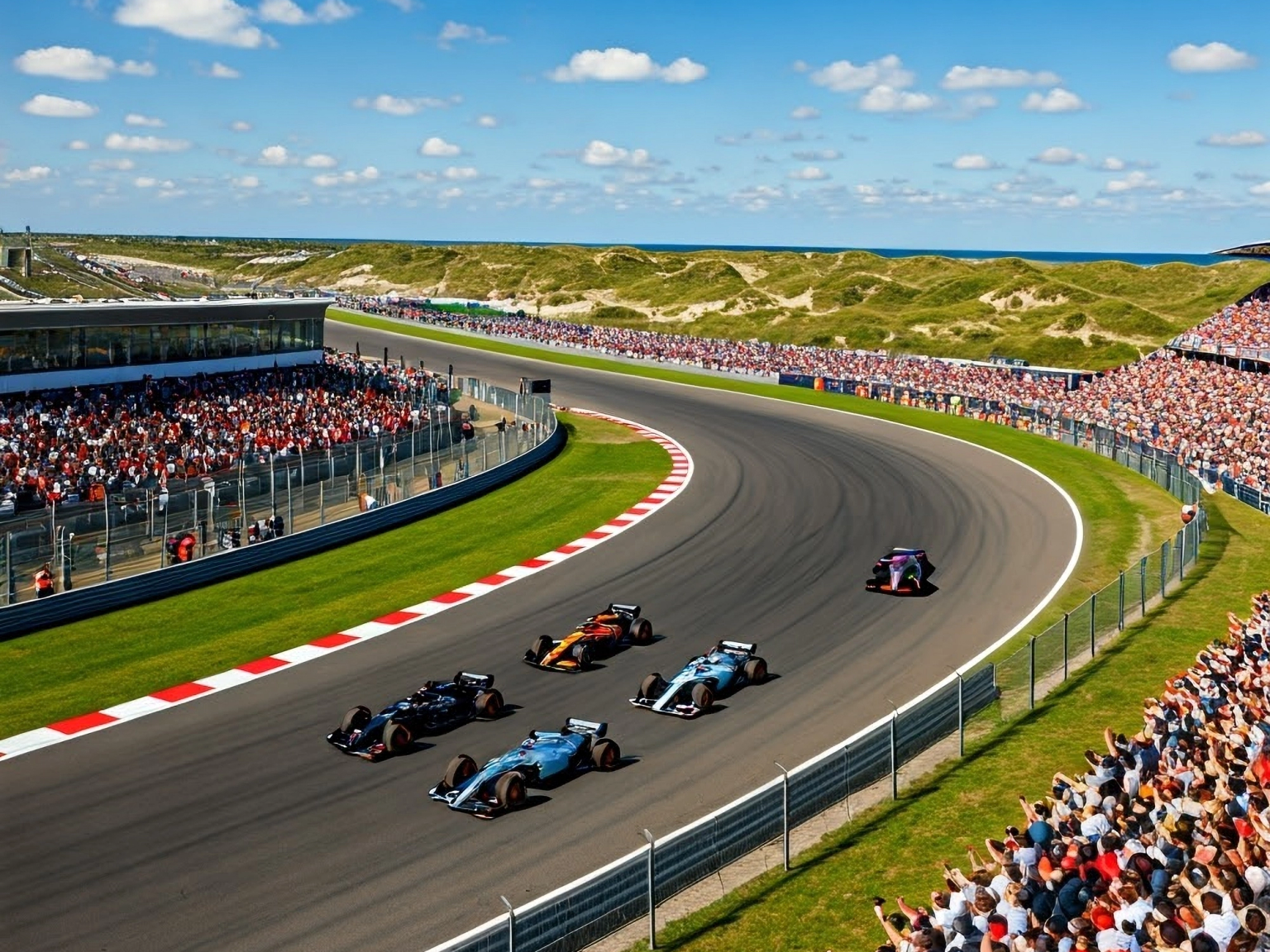 Five race cars on a track with large crowds, coastal dunes, and a bright blue sky.