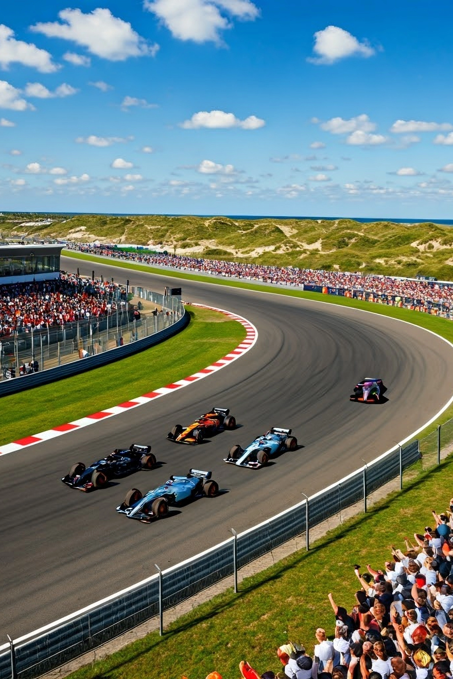 Five race cars on a track with large crowds, coastal dunes, and a bright blue sky.