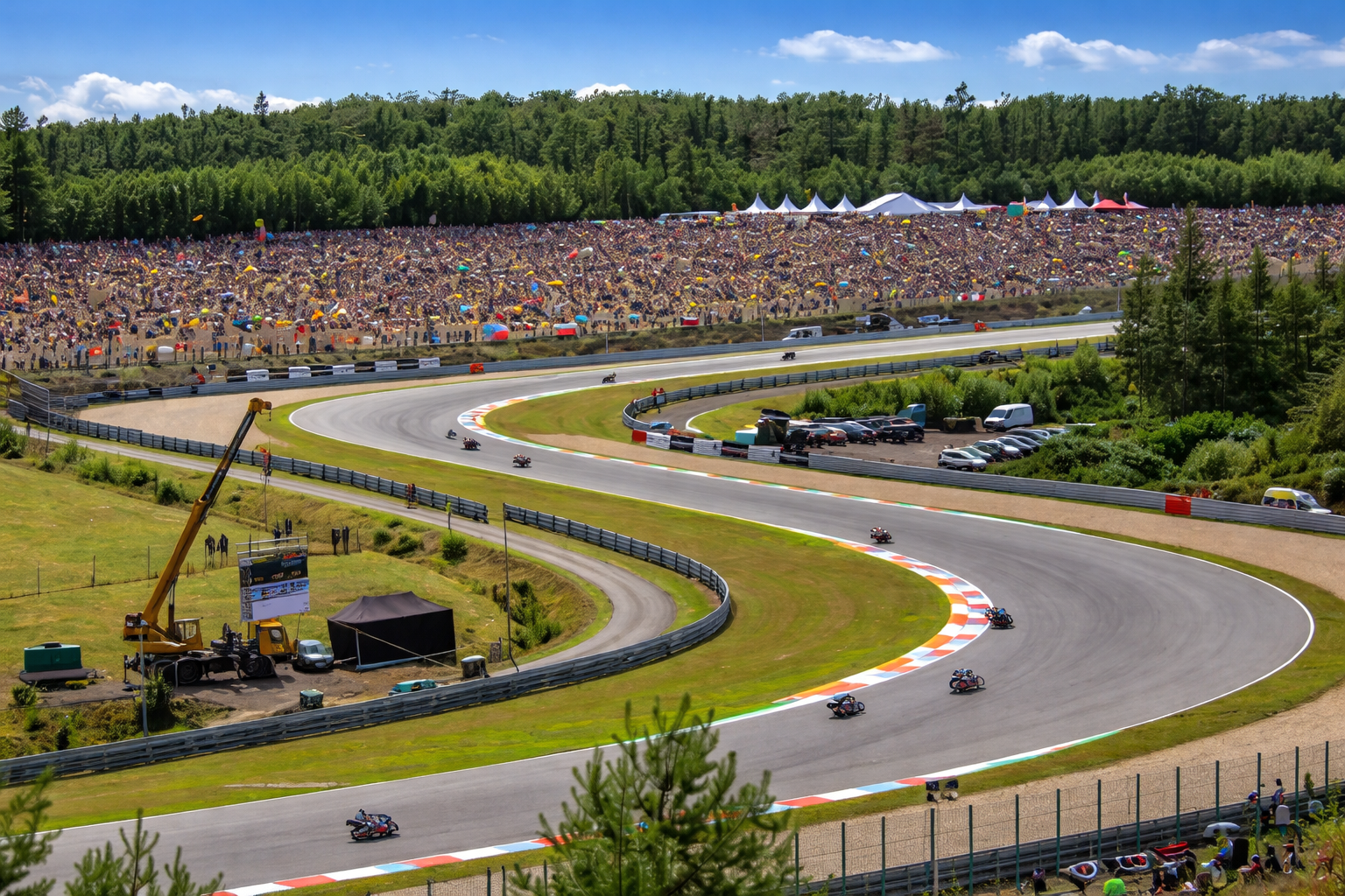 Moottoripyöräkisa, jossa kuljettajat ajavat mutkittelevalla radalla, suuri yleisö seuraa ja ympärillä on metsä.
