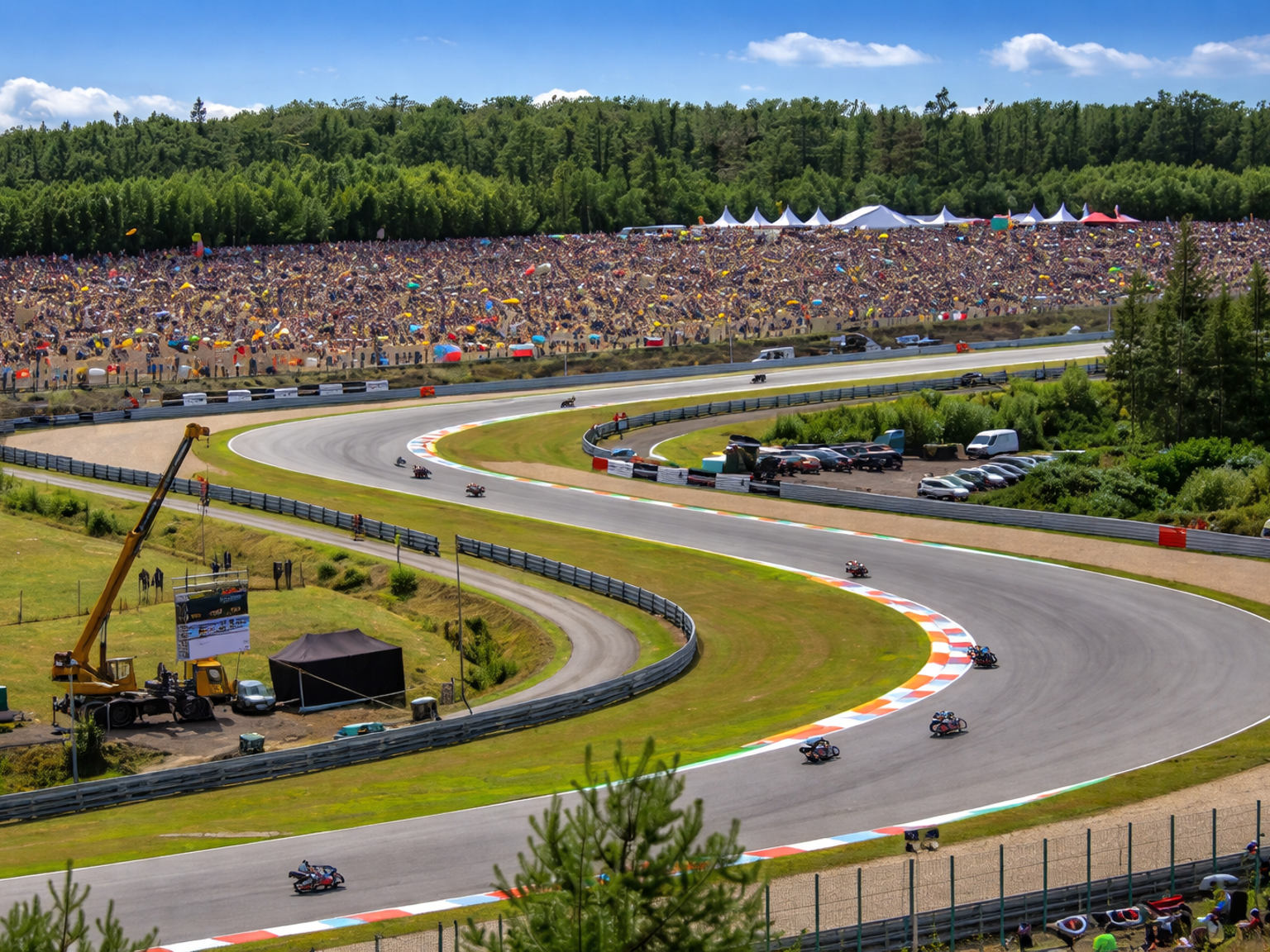 Moottoripyöräkisa, jossa kuljettajat ajavat mutkittelevalla radalla, suuri yleisö seuraa ja ympärillä on metsä.