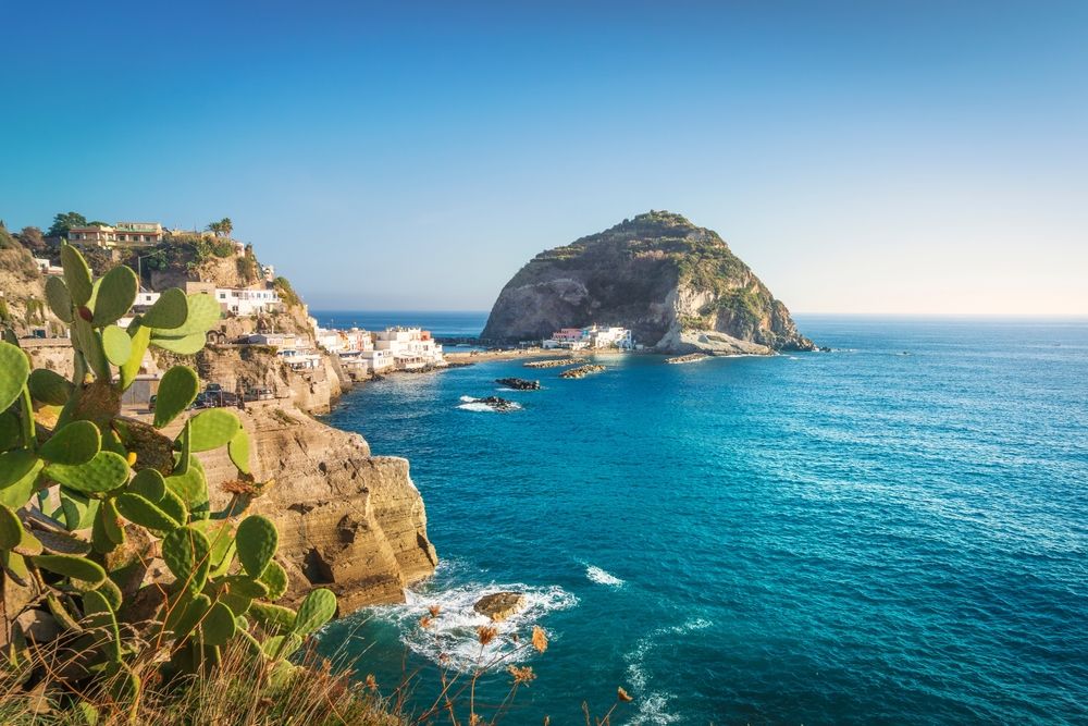 Village côtier sur des falaises dominant une mer bleu vif, avec une île rocheuse et des figuiers de Barbarie. Ischia, Italie