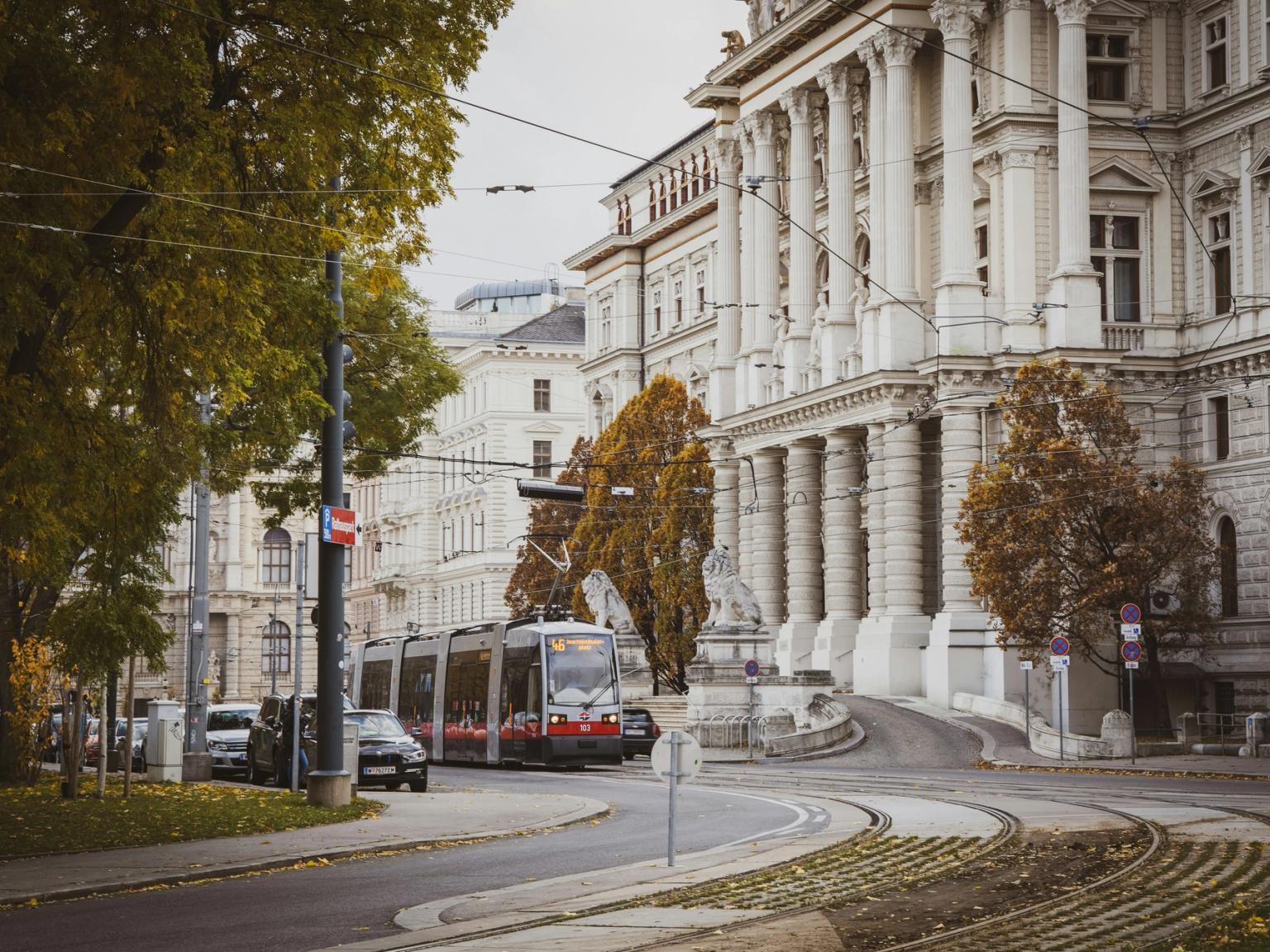 en spårvagn kör nerför en gata framför en stor byggnad i Wien.