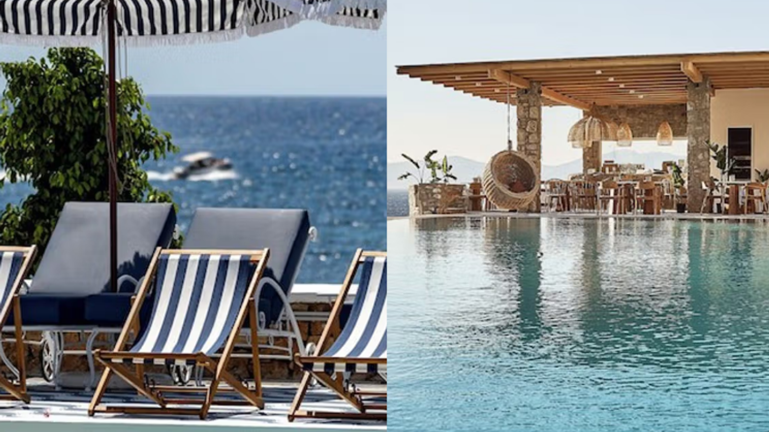 Två resorts: en pool med solstolar och ett randigt parasoll med utsikt över havet, och en infinitypool med en utomhusrestaurang.