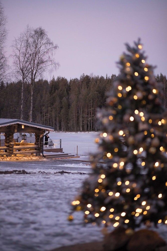 En festlig vinterscen med en upplyst julgran i förgrunden, en timmerstuga vid en frusen sjö och en skog i skymningen. Aito Igloo & Spa Resort