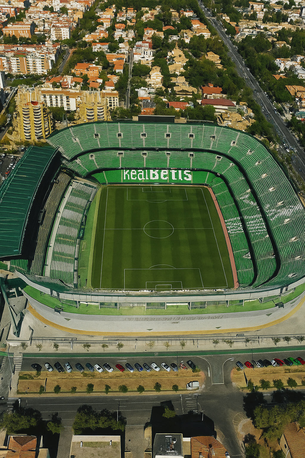 Aerial view of the Real Betis football stadium, featuring green stands, a green field, and the surrounding city.