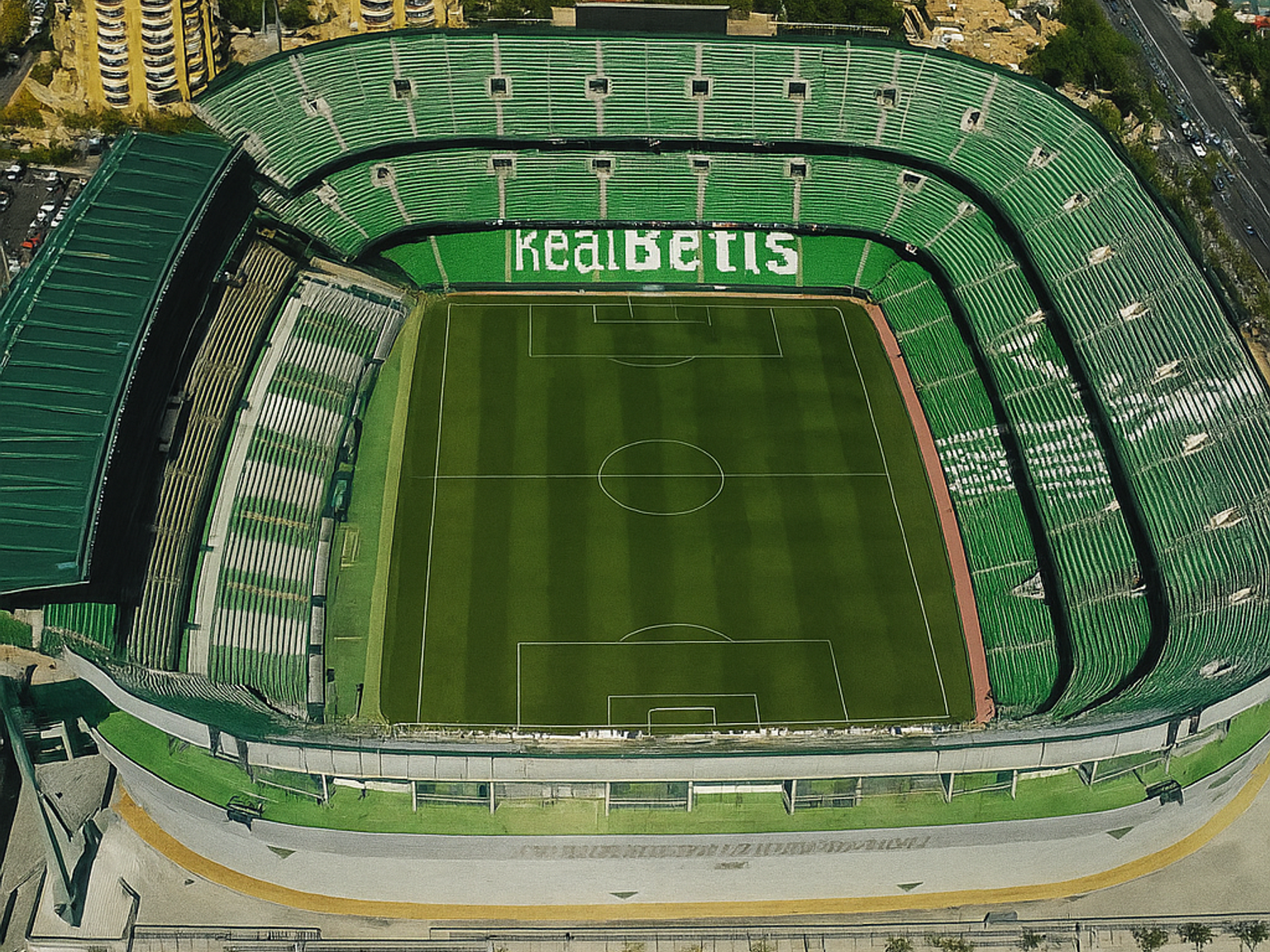 Luchtfoto van het Real Betis voetbalstadion, met groene tribunes, een groen veld en de omliggende stad.