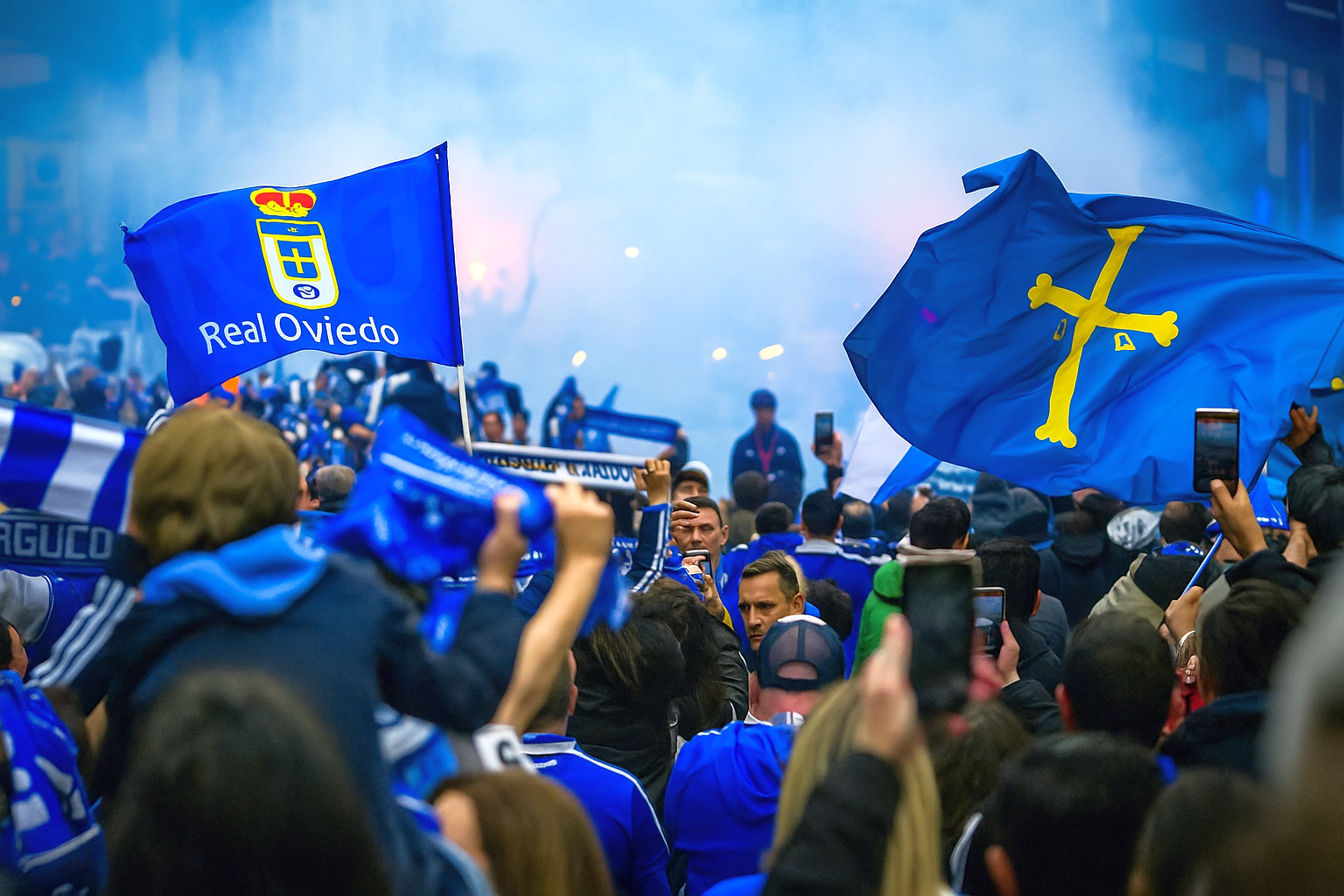 Een grote menigte Real Oviedo-fans viert feest, zwaaiend met blauwe vlaggen en sjaals te midden van rook.
