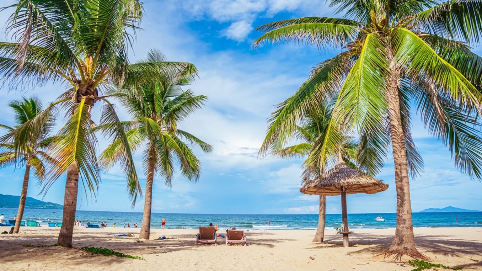 Tropisk strand med palmer, en stråparasol, strandstole og havet under en blå himmel. Da Nang - Vietnam