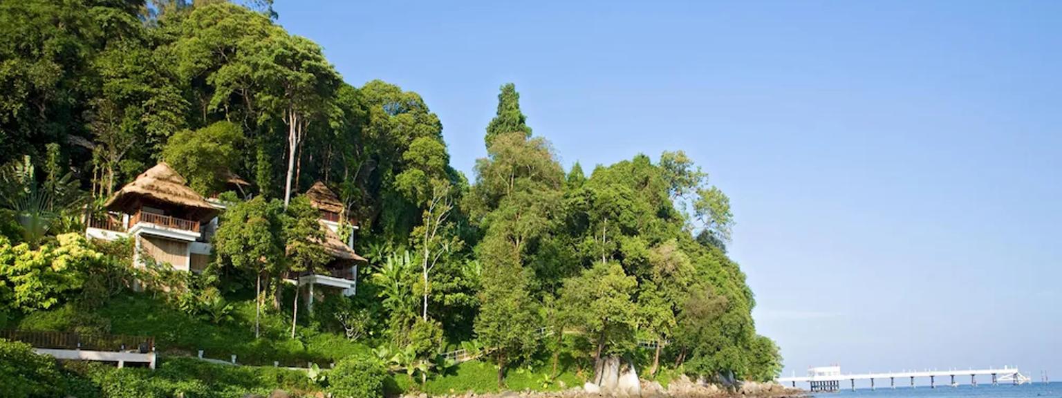 en strand med en mole og huse på en bakke med udsigt over havet