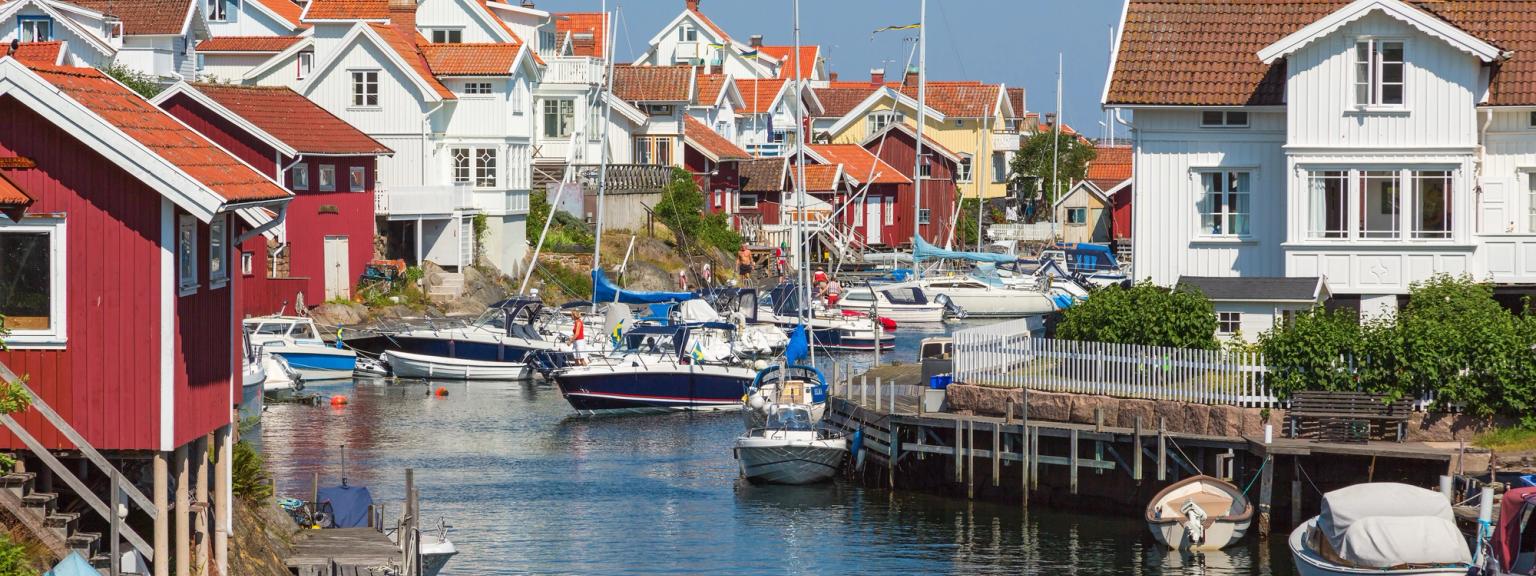 ein Hafen voller Boote und Häuser an einem sonnigen Tag