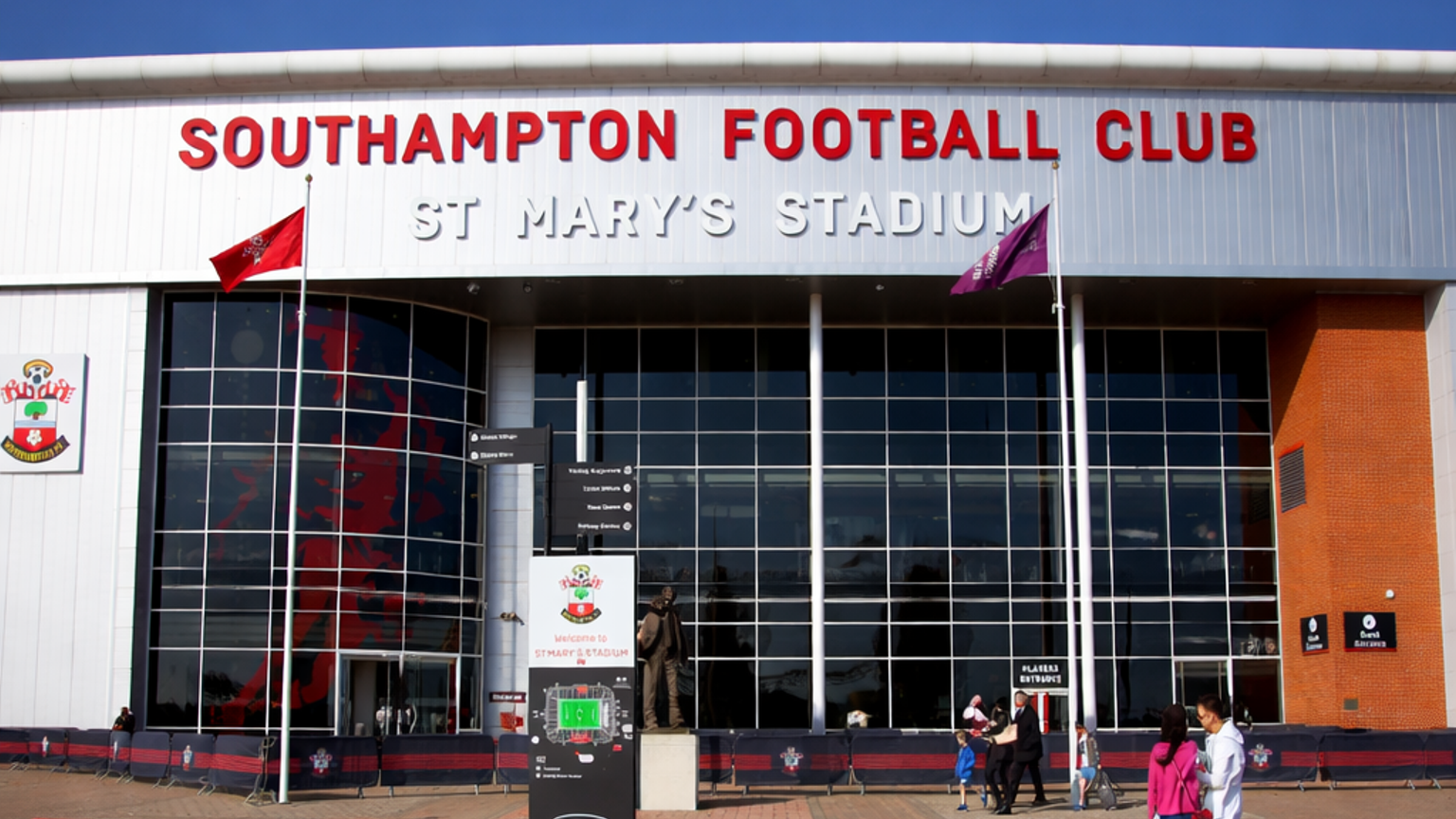 The exterior of Southampton Football Club's St Mary's Stadium with its name prominently displayed.