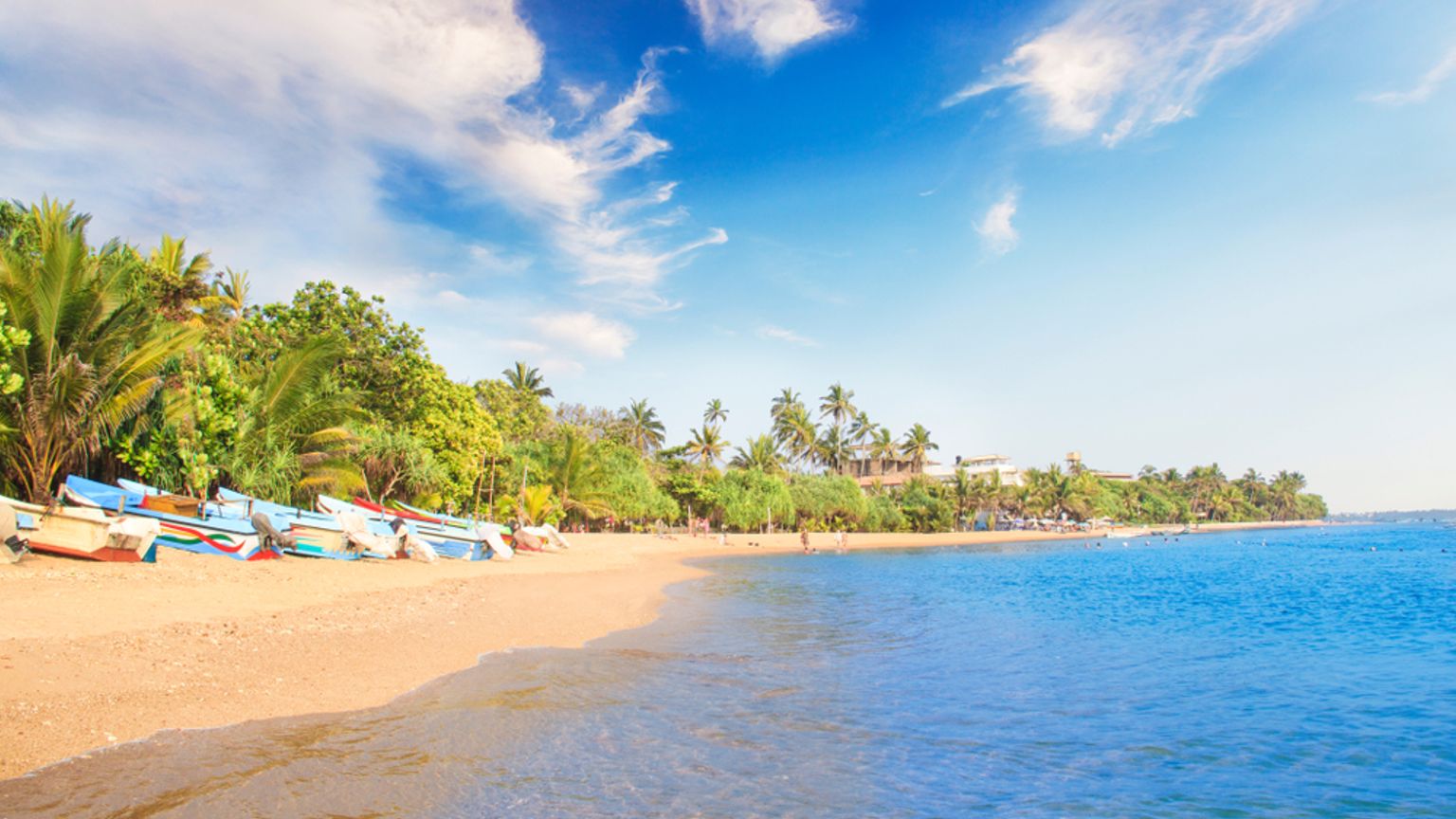 Farverige fiskerbåde på en sandet tropisk strand med palmer og blåt hav. Benota, Sri Lanka