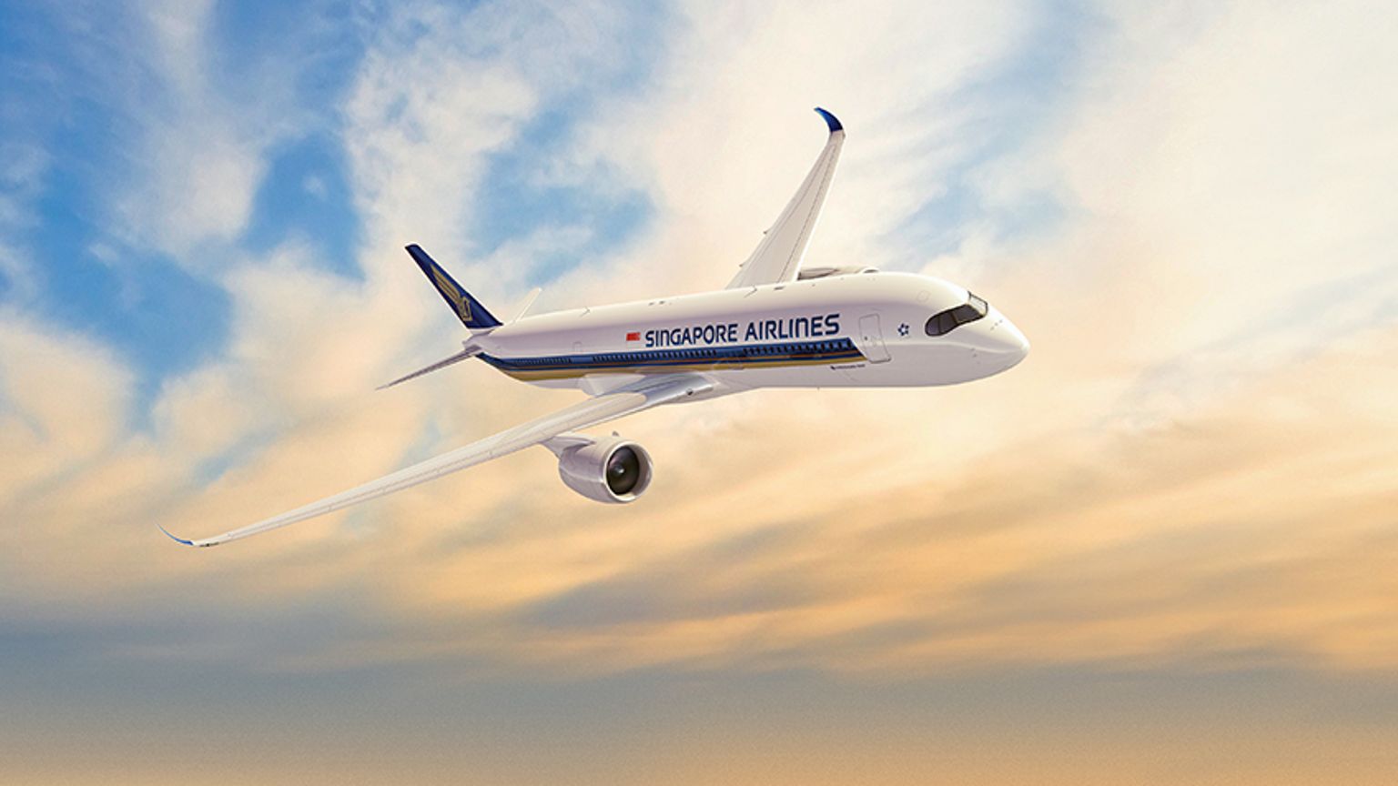 ett Singapore Airlines-flygplan flyger genom en molnig himmel