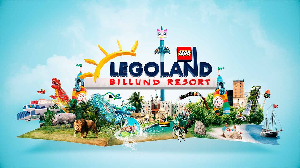 Legoland Billund Resort-logotyp över en livfull collage av Lego-temaparker och åkattraktioner.