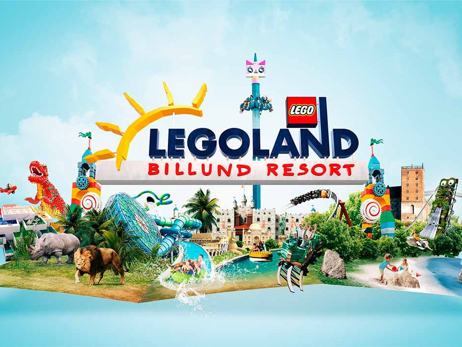 Legoland Billund Resort-logotyp över en livfull collage av Lego-temaparker och åkattraktioner.