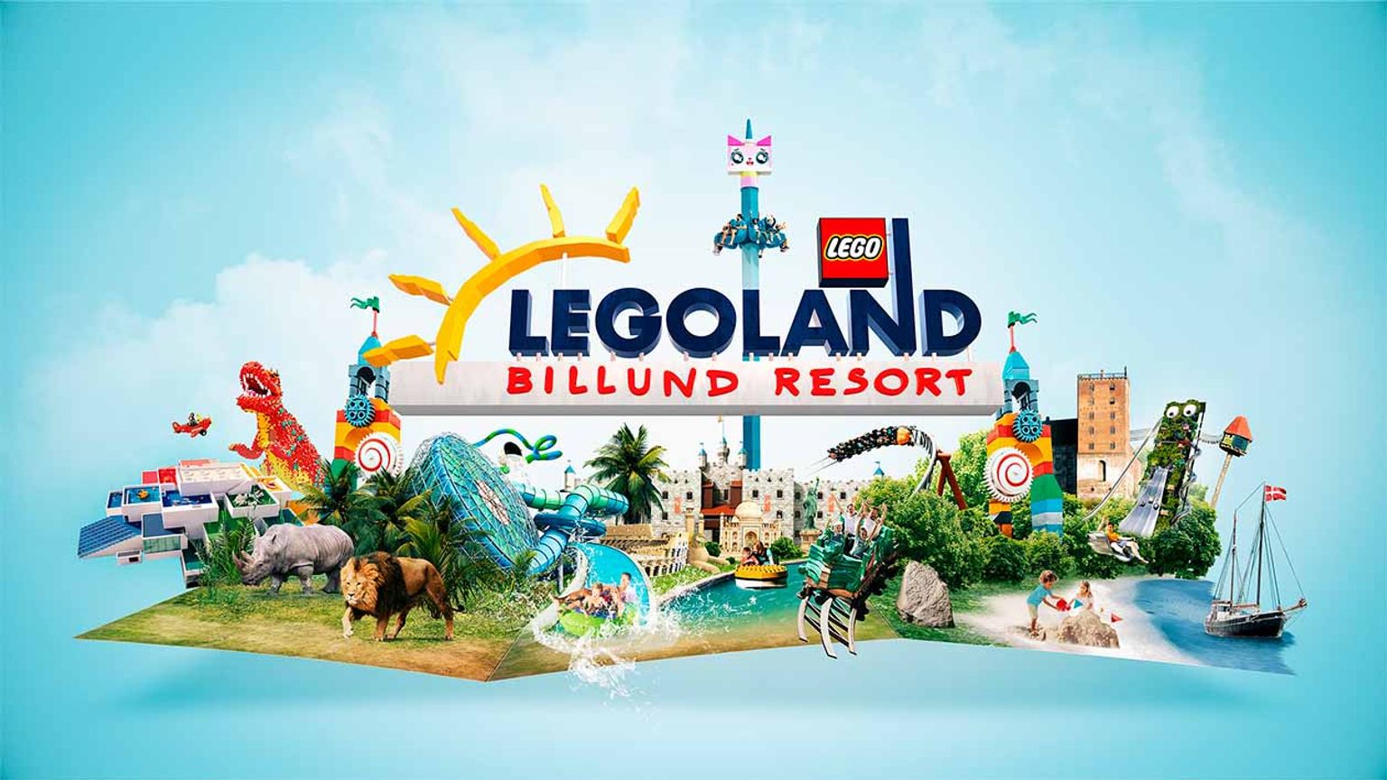 Legoland Billund Resort-logotyp över en livfull collage av Lego-temaparker och åkattraktioner.