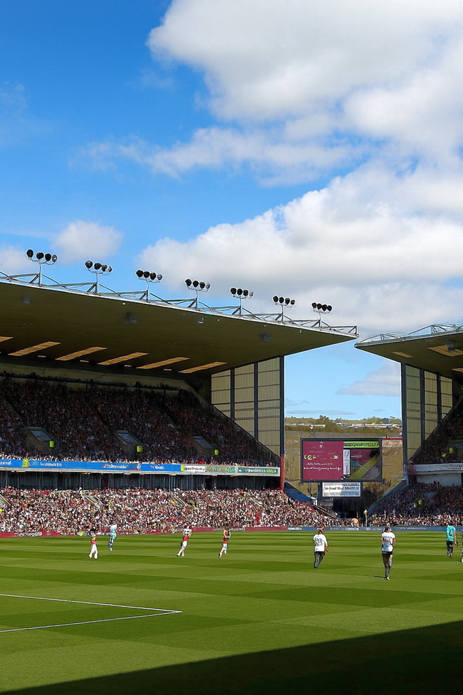 Une vue large d'un stade de football rempli de fans sous un ciel ensoleillé, avec des joueurs sur le terrain vert.