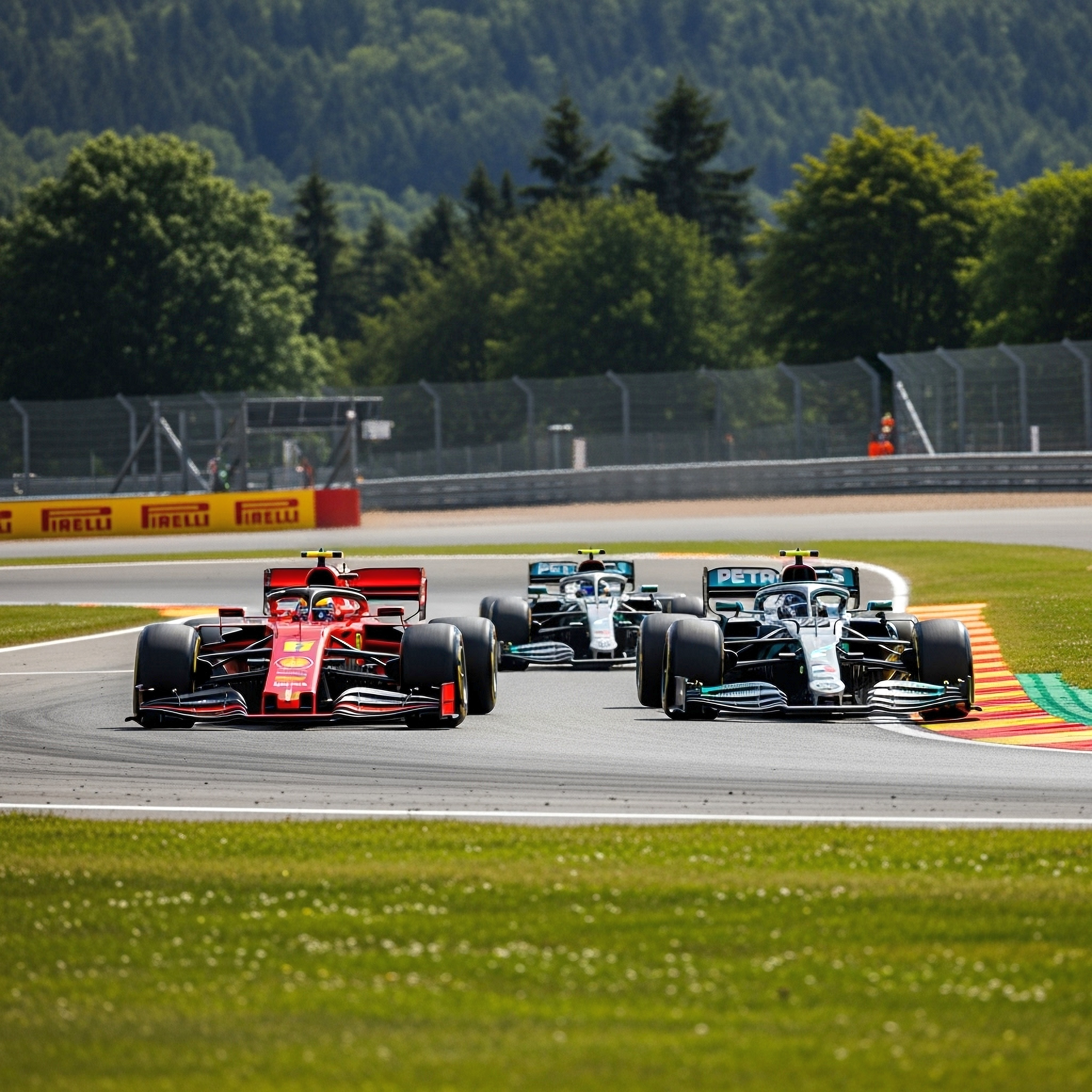 A red Formula 1 car leads two dark grey and teal F1 cars on a race track with green hills in the background.