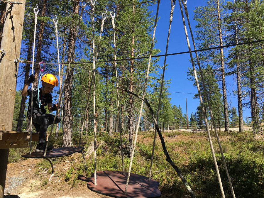 en ung gutt sitter på et taukurs i skogen