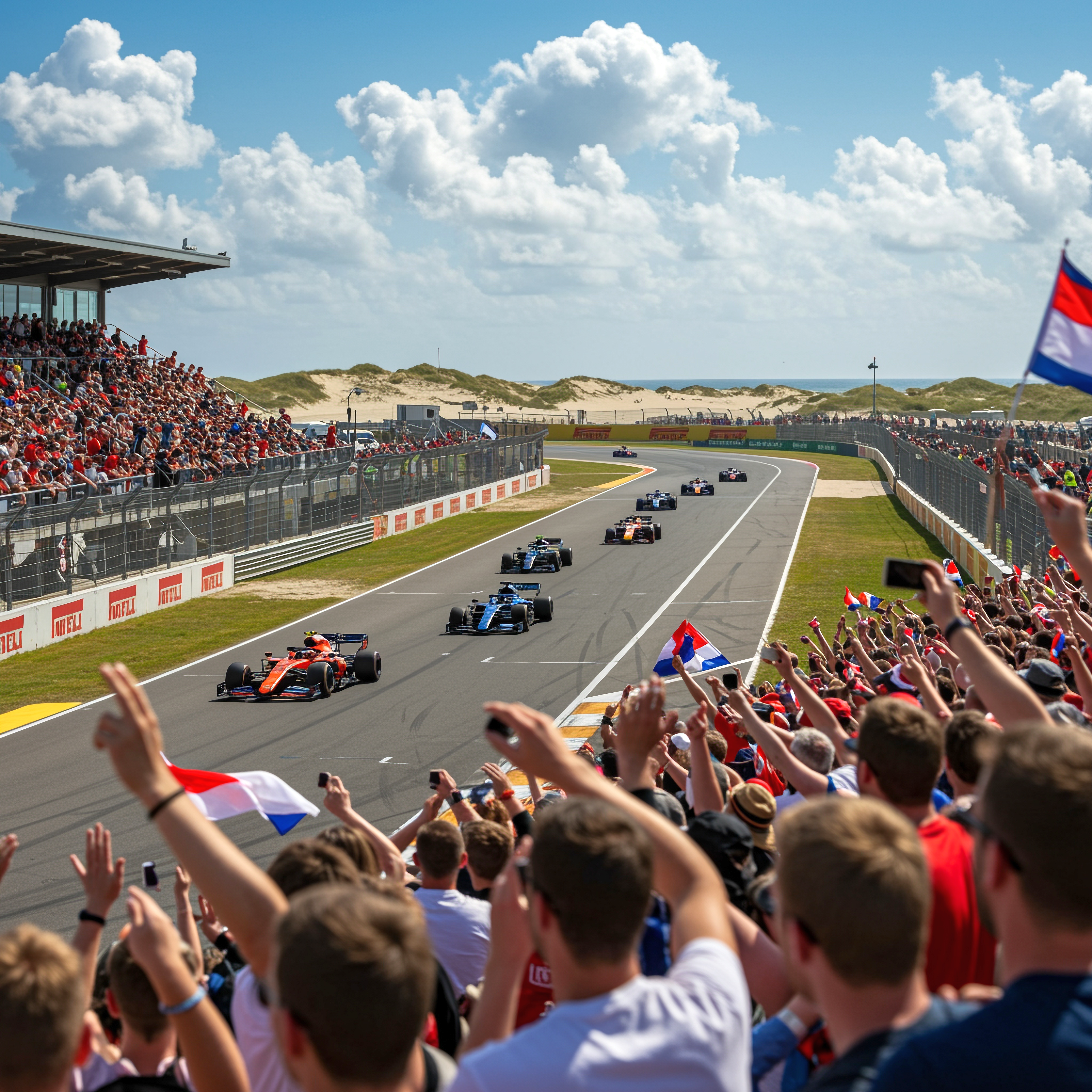 Zuschauer mit niederländischen Flaggen jubeln, während F1-Autos auf einer Strecke neben Sanddünen und dem Meer fahren.