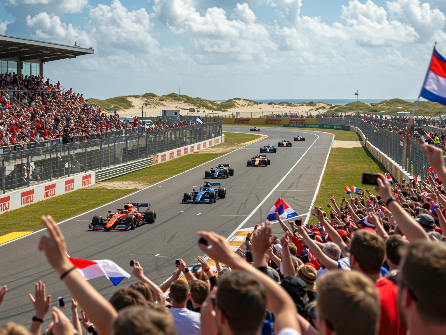 Spectators with Dutch flags cheer as F1 cars race on a track beside sand dunes and the sea.