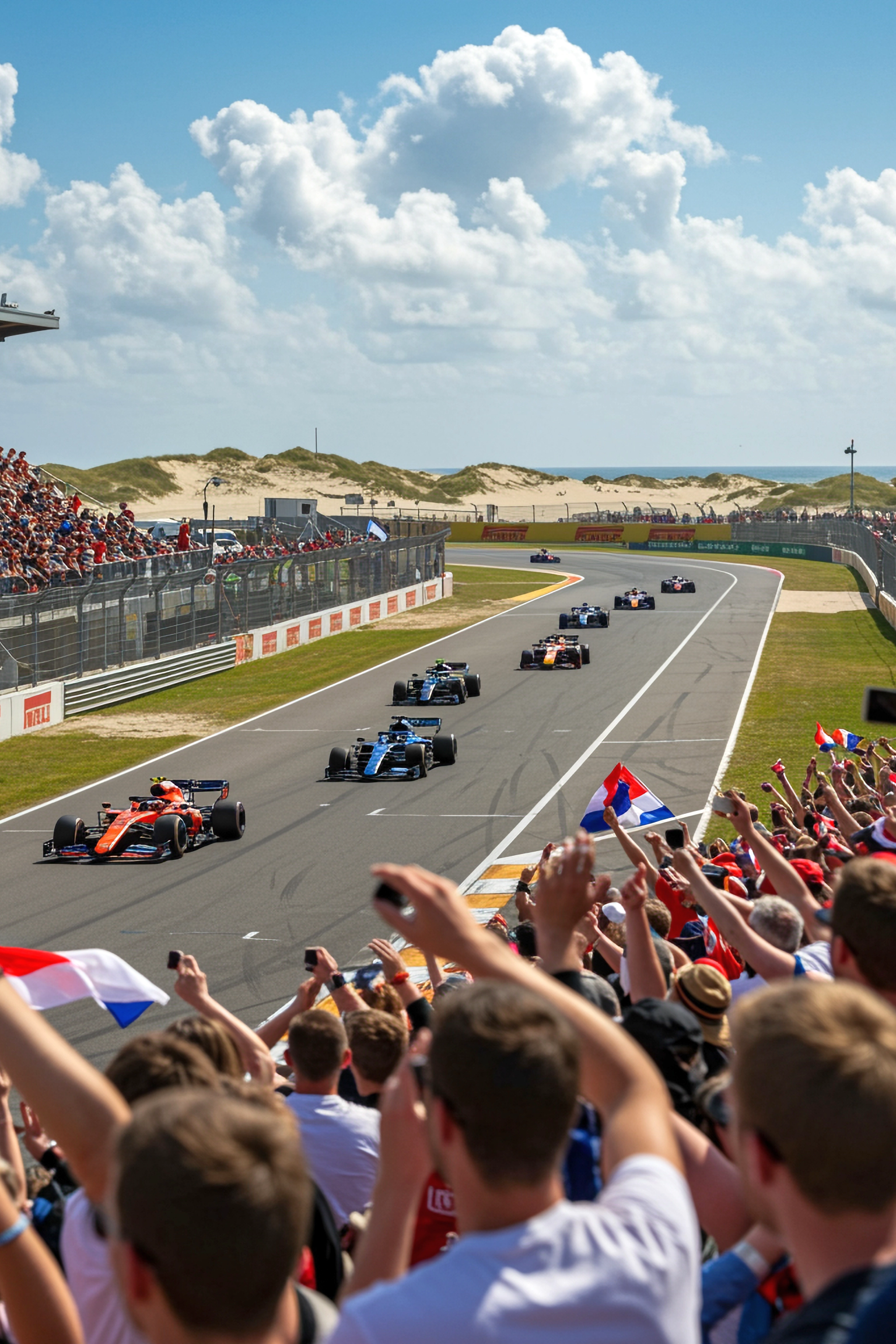 Spectators with Dutch flags cheer as F1 cars race on a track beside sand dunes and the sea.
