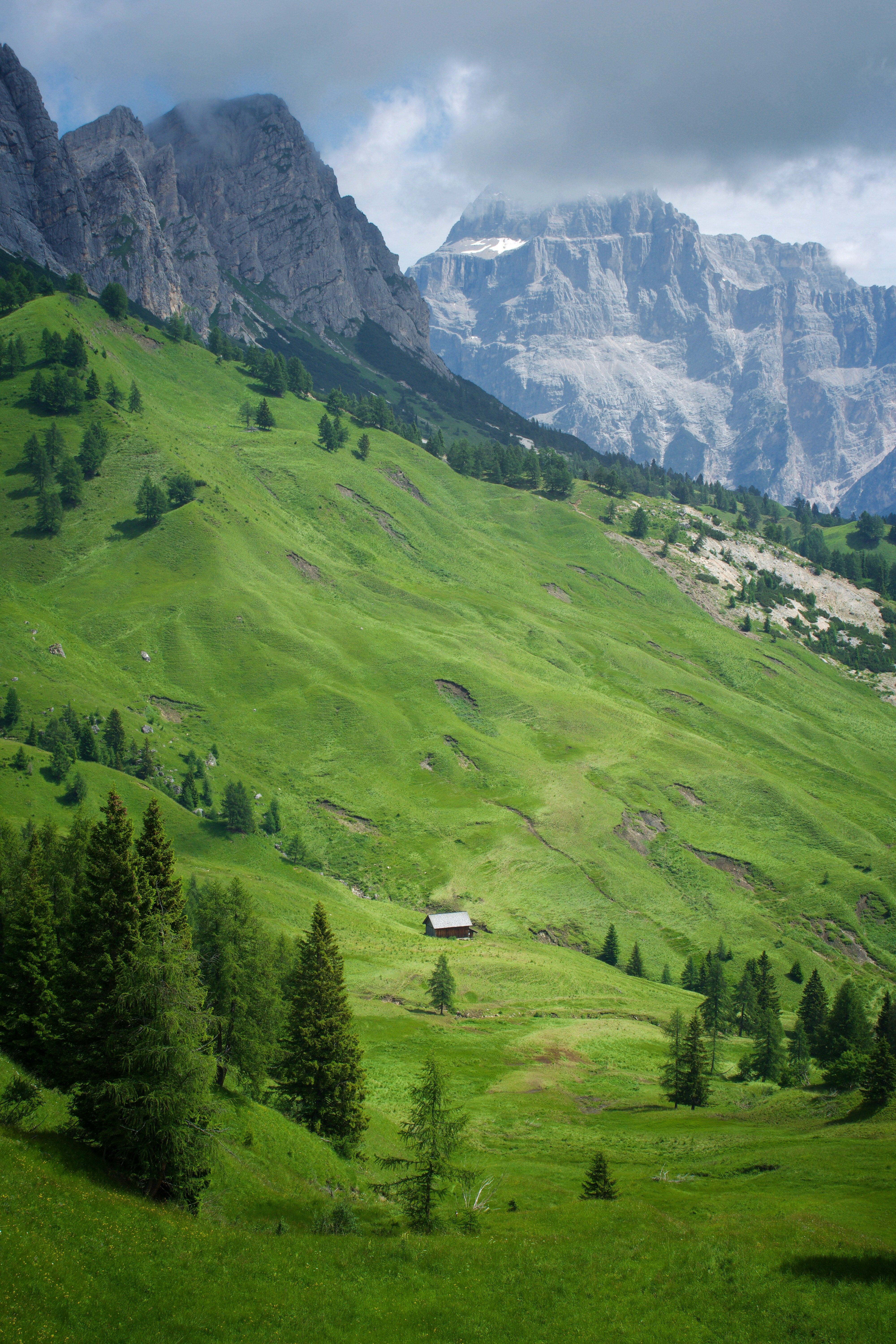 Grønne fjellskråninger med en liten tømmerhytte som leder opp mot steinete topper under en skyet himmel. Cortina d’Ampezzo, Italia
