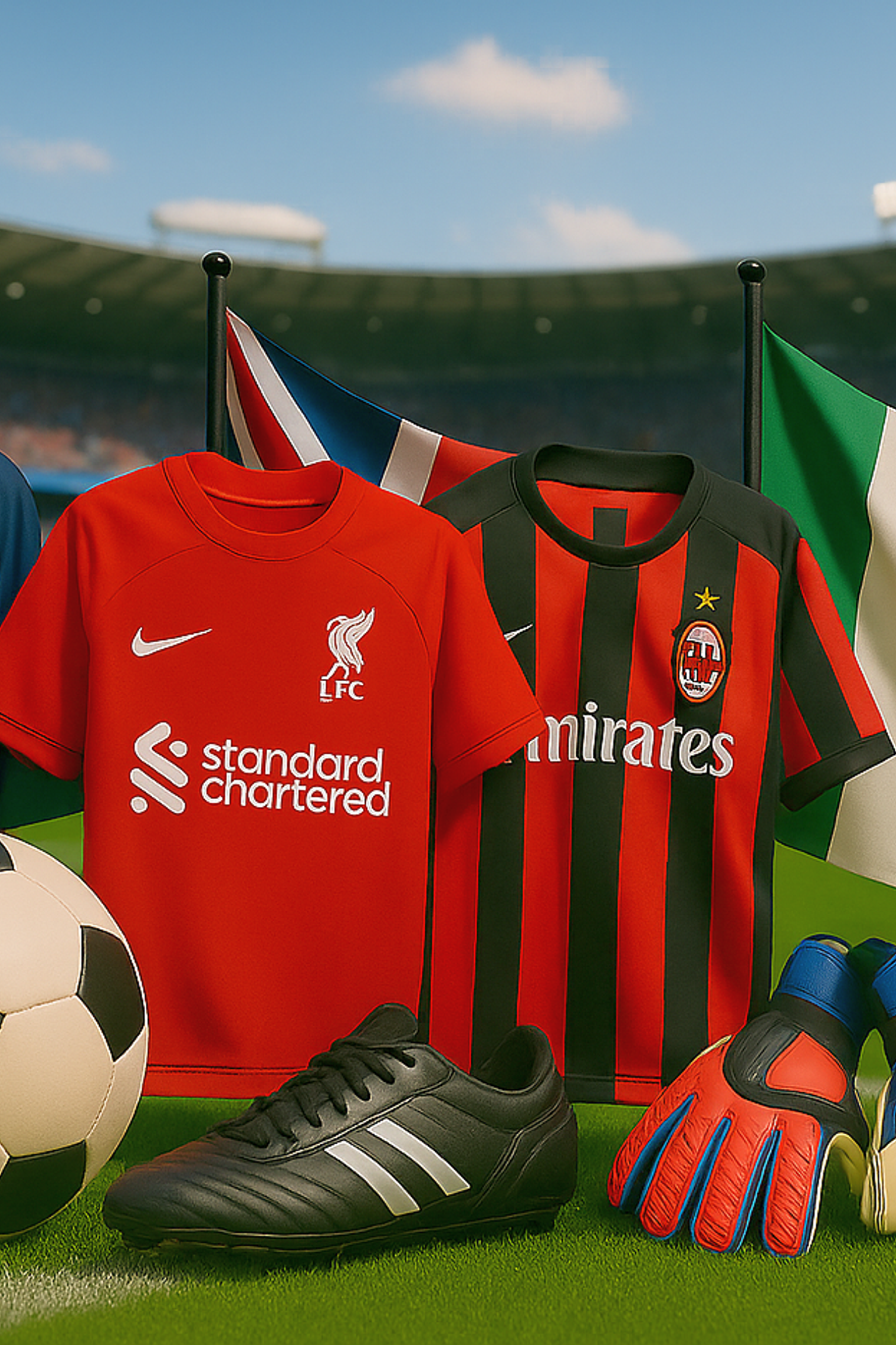 Marchandises de football international, y compris des maillots de club, des drapeaux nationaux, un ballon de football, des bottes et des gants, sur un terrain de stade.