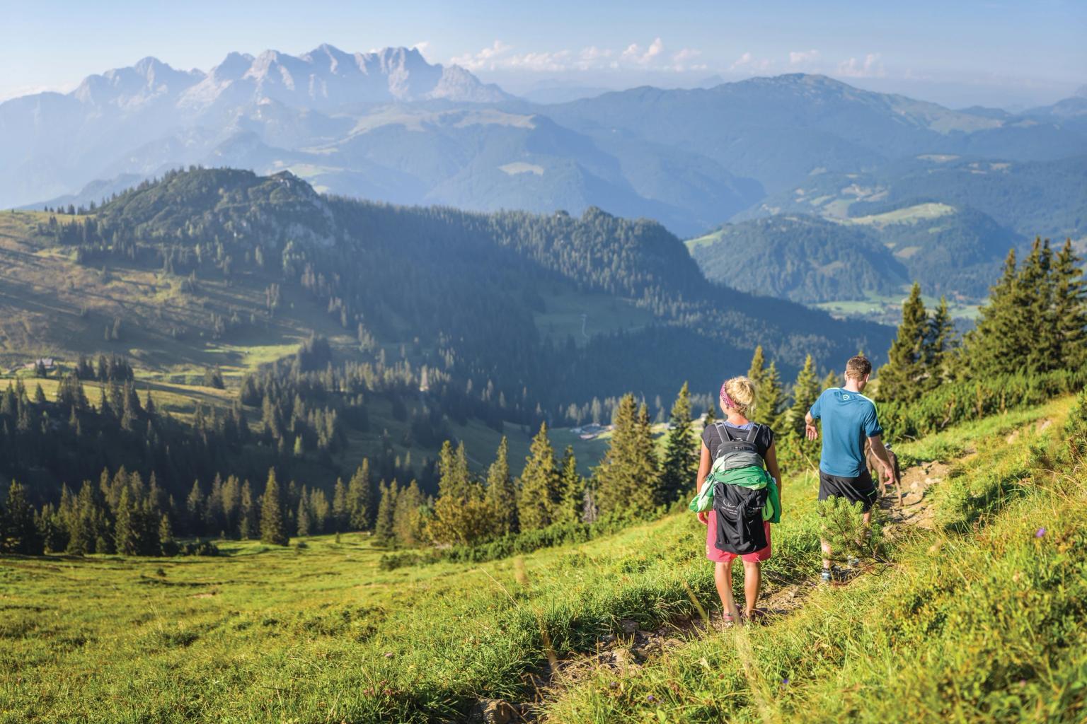 en man och en kvinna vandrar upp en kulle i bergen