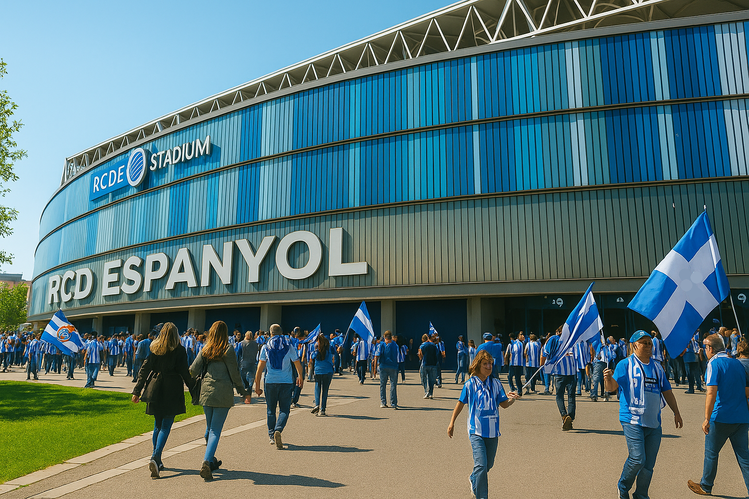 Fans with blue and white flags and attire approach RCDE Stadium.