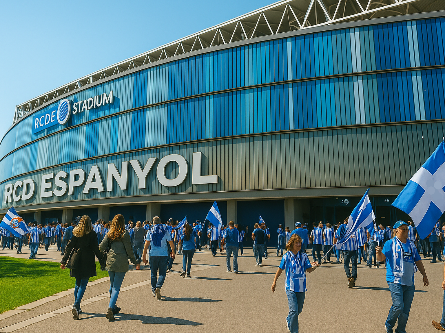 Des fans avec des drapeaux et des tenues bleus et blancs s'approchent du stade RCDE.