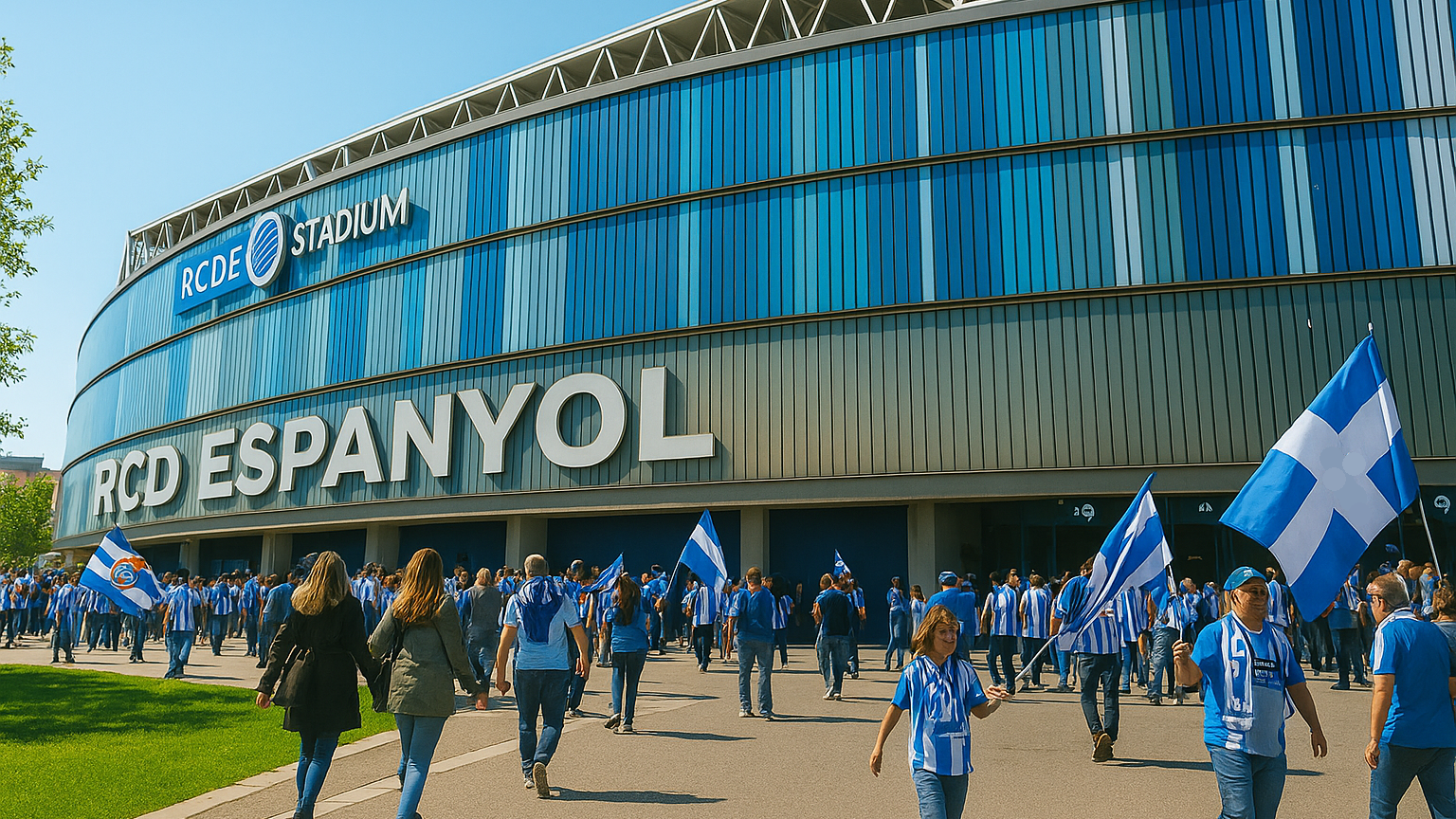 Fans with blue and white flags and attire approach RCDE Stadium.
