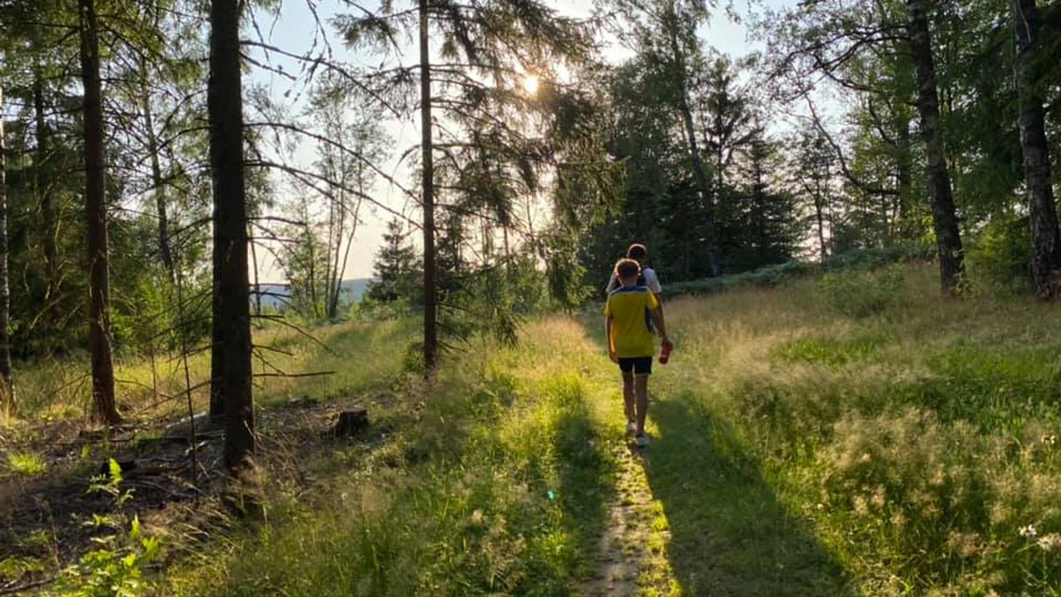 en mann og et barn går ned en sti i skogen