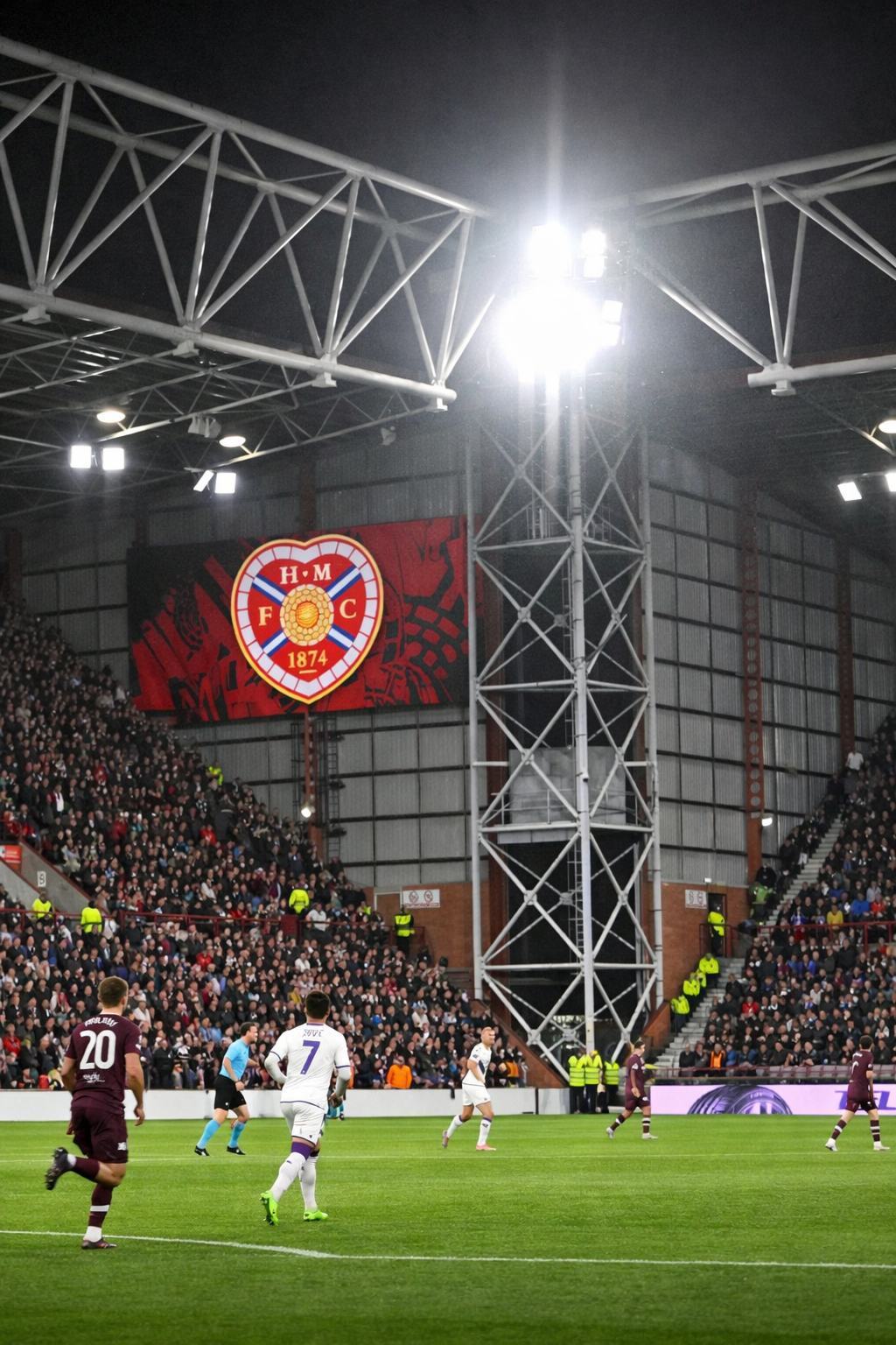 Een nachtelijke voetbalwedstrijd in een fel verlicht stadion met spelers op het veld, een groot scherm dat het Hearts F.C.-logo toont en volle tribunes.