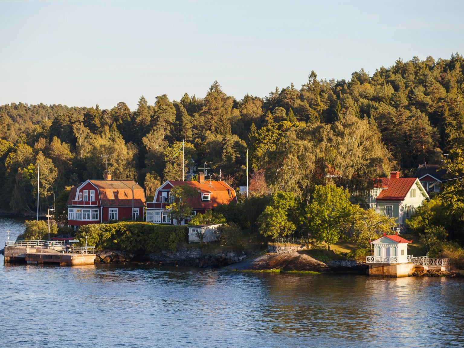 en rad hus på en liten ö mitt i en sjö omgiven av träd