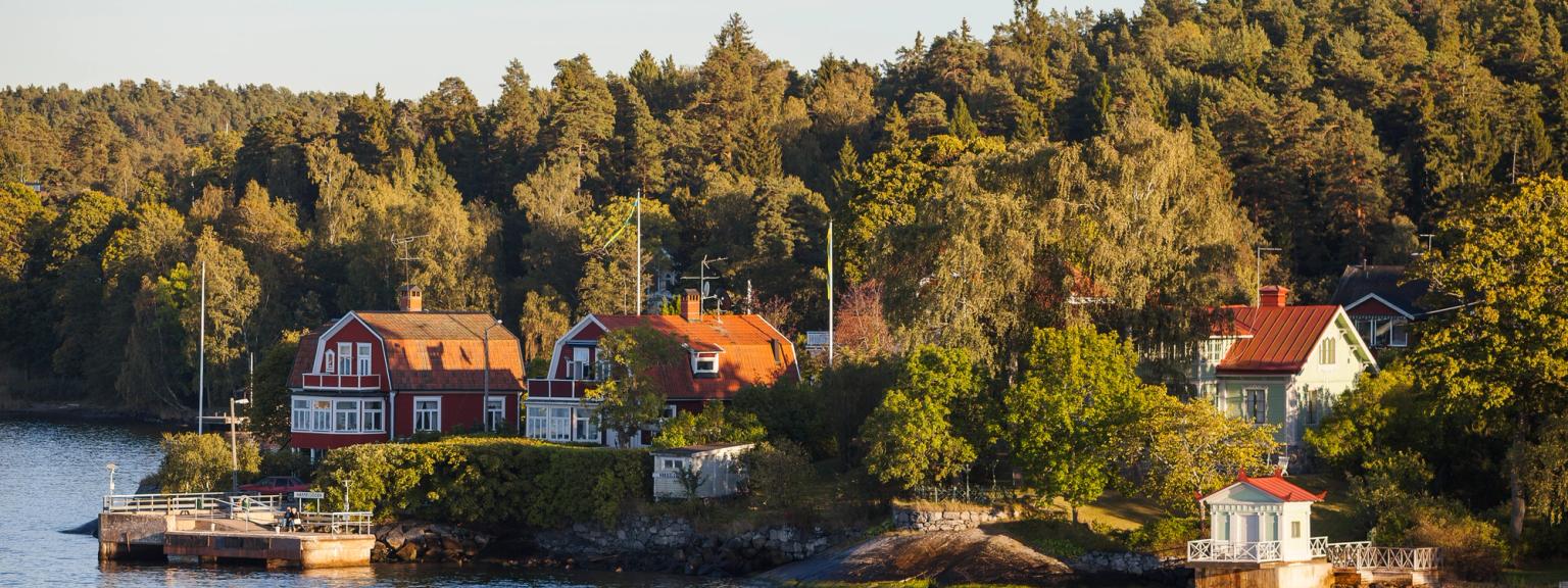 en rad med hus på en liten øy i midten av en innsjø omgitt av trær