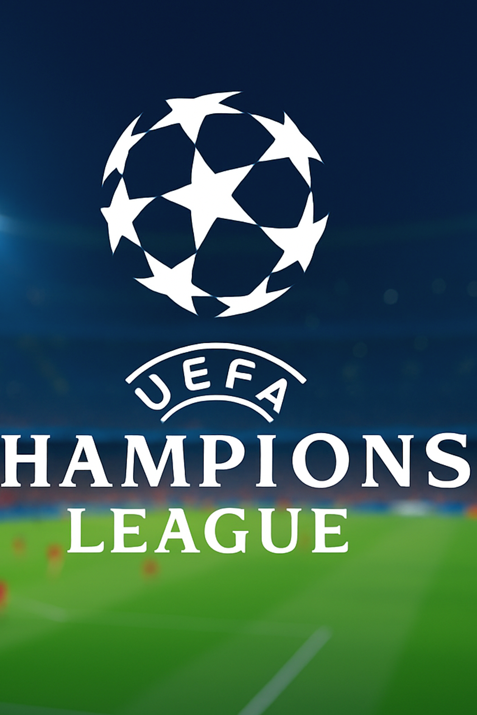 UEFA Champions League-logo over et sløret natfodboldstadion.