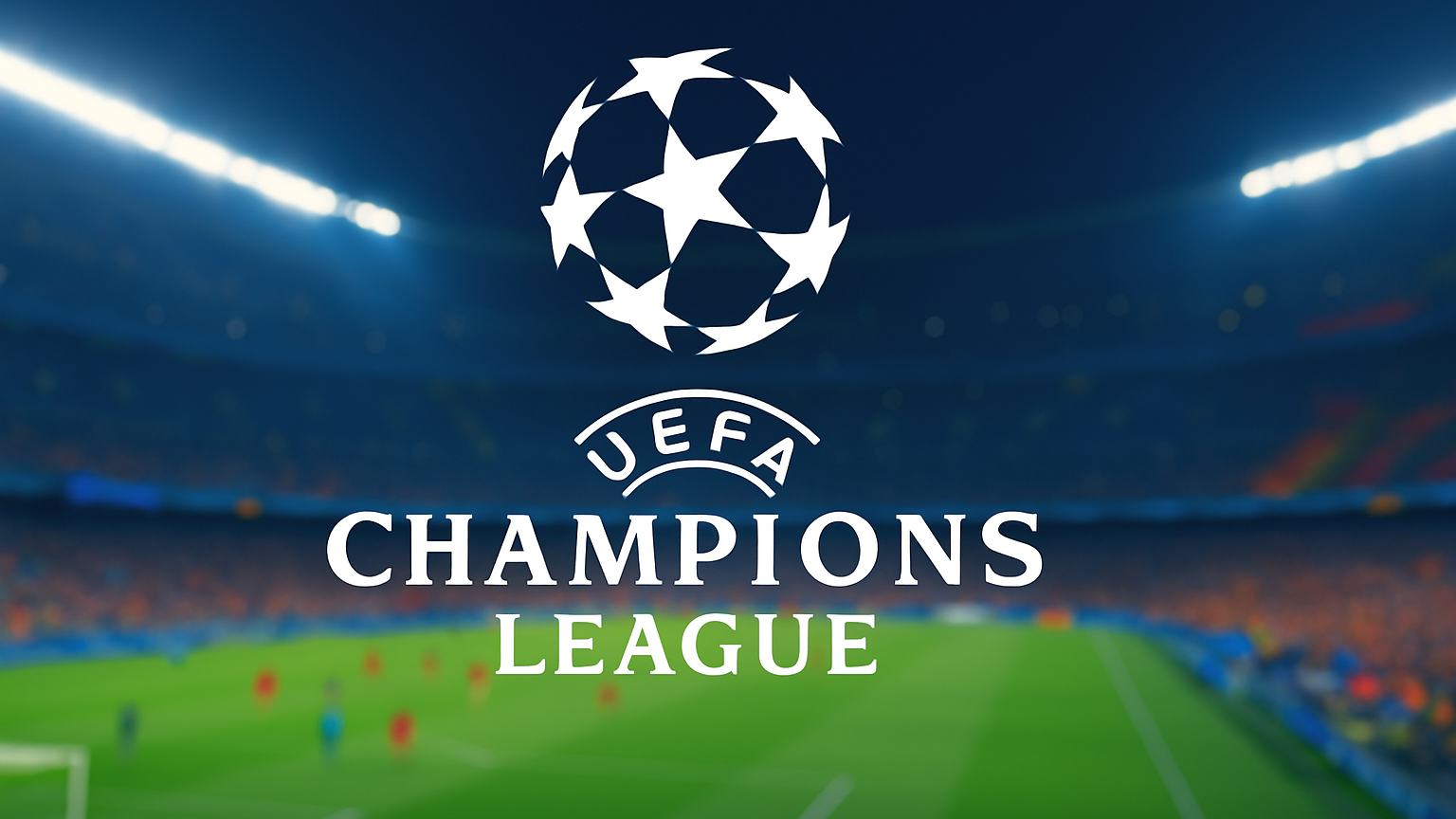 Logotipo de la UEFA Champions League sobre un estadio de fútbol nocturno borroso.