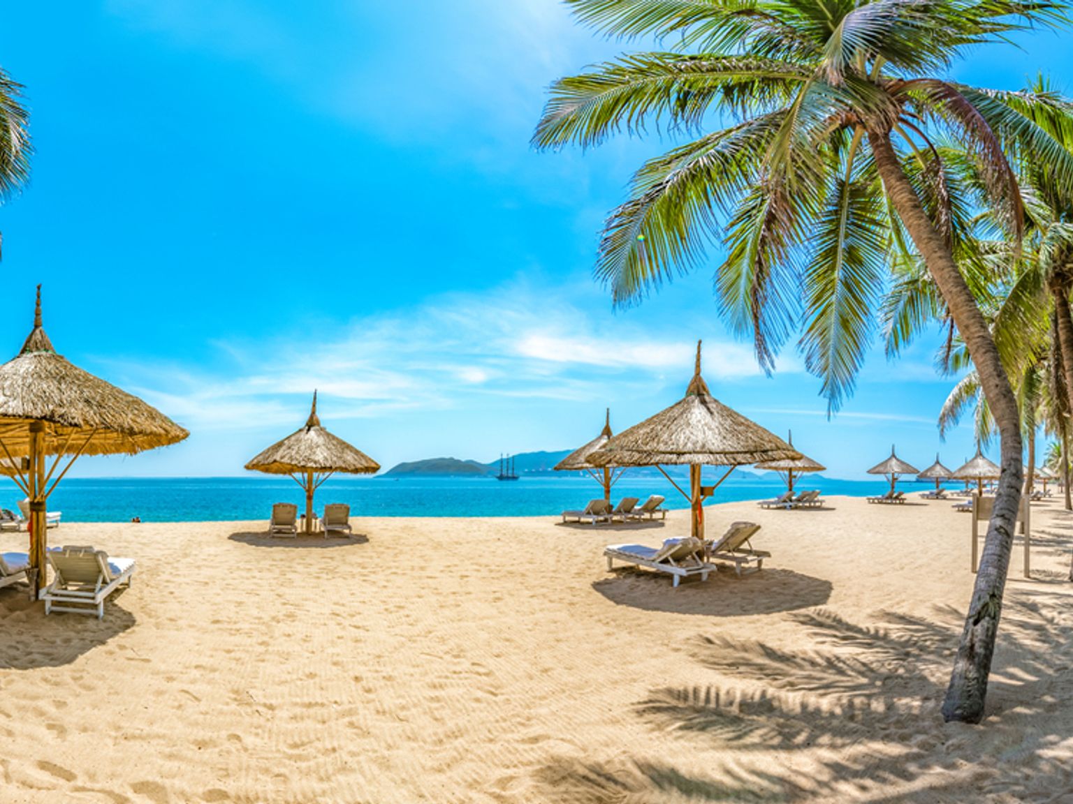 En solig tropisk strand med gyllene sand, blått vatten, många palmer och halmtakparaplyer med solstolar.