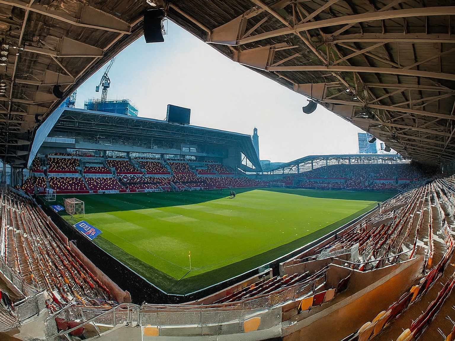 Stade de football moderne vide avec une pelouse verte et des sièges rouges.