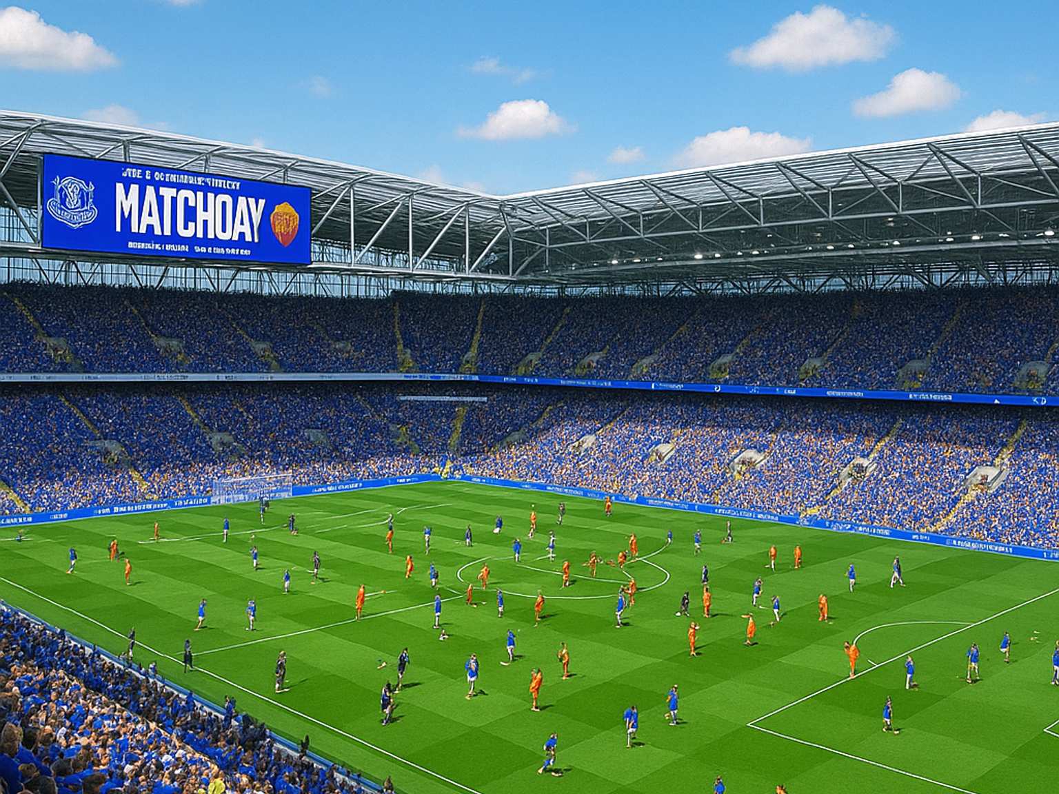 Um estádio de futebol cheio de fãs assistindo a uma partida sob uma grande tela exibindo 'MATCHDAY.'