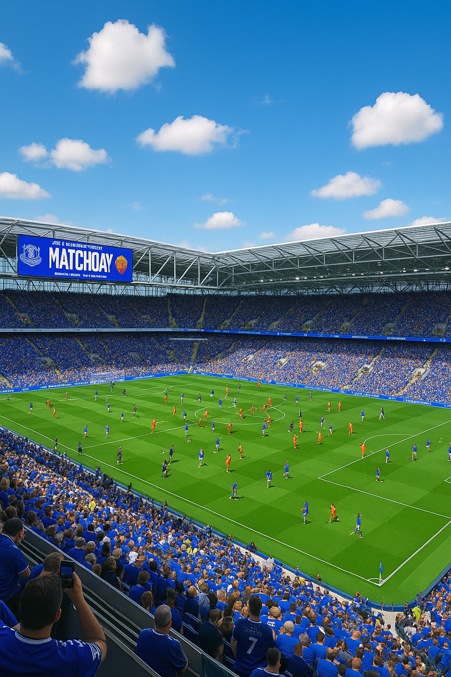 Um estádio de futebol cheio de fãs assistindo a uma partida sob uma grande tela exibindo 'MATCHDAY.'