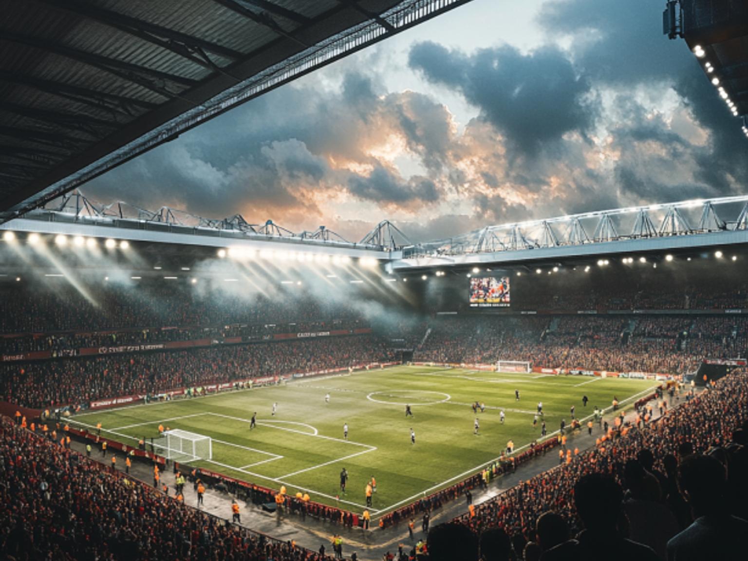 a soccer stadium filled with people watching a game