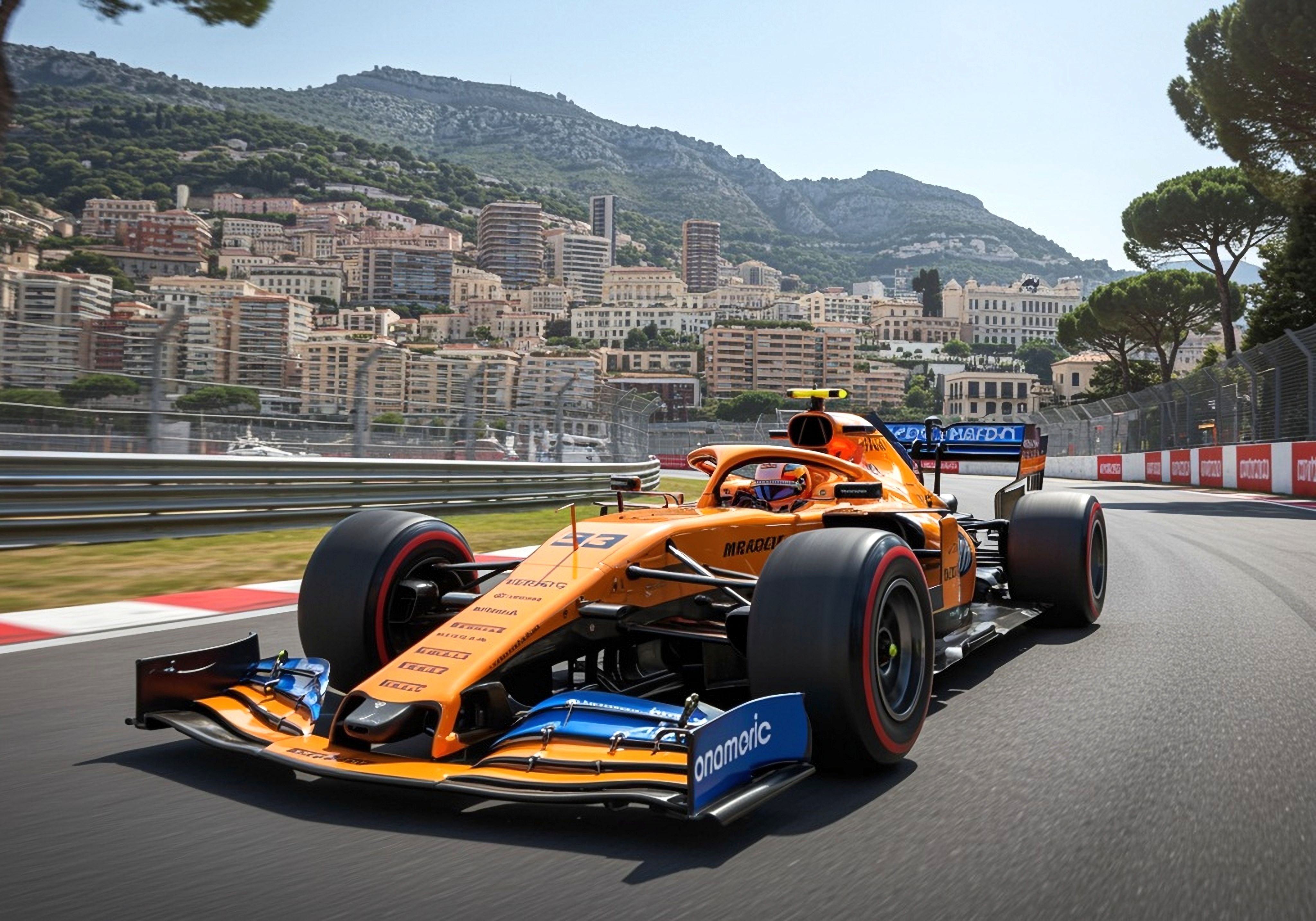 An orange and blue McLaren Formula 1 car drives on a track with a city built into a mountainside in the background.
