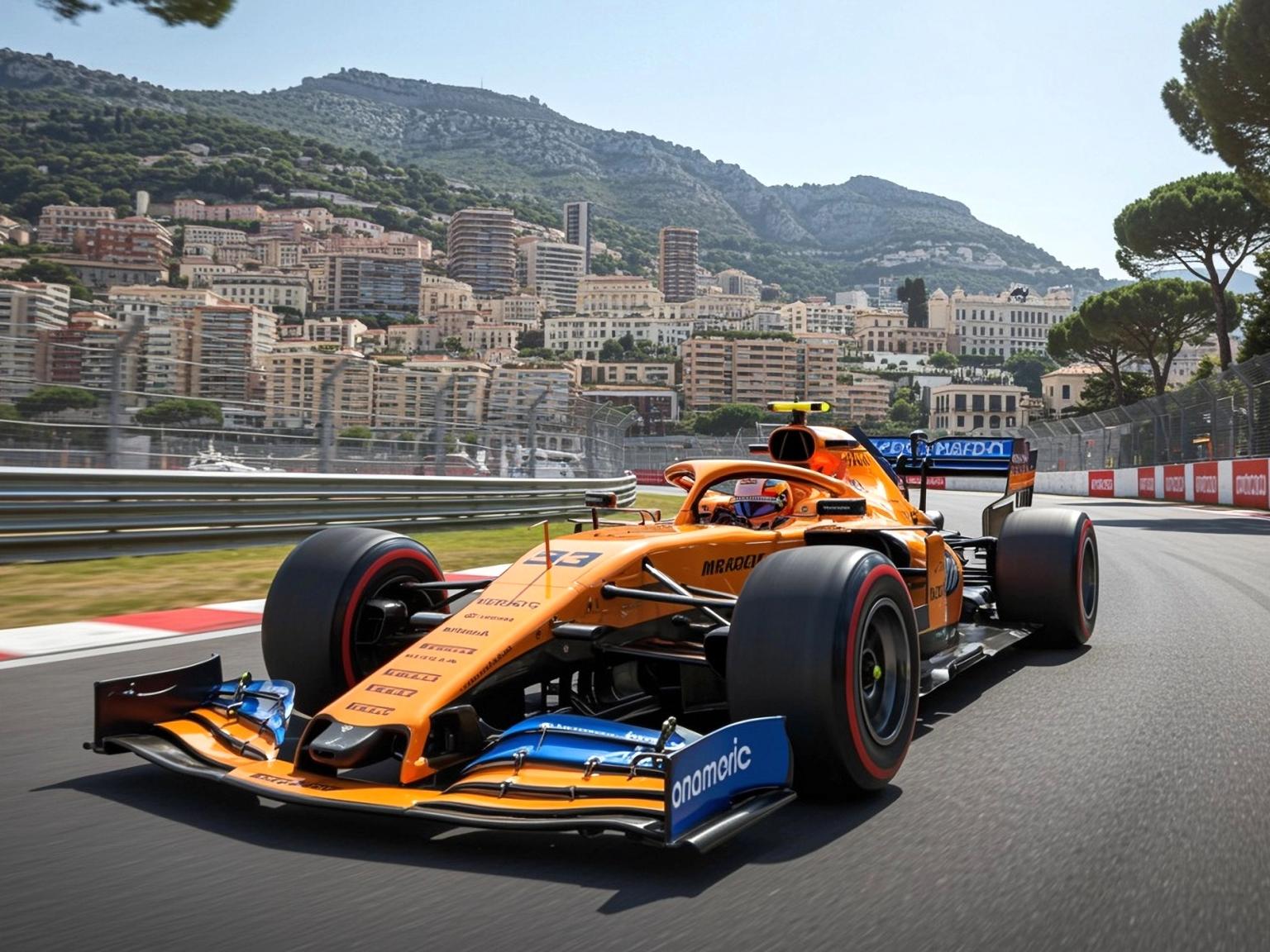 An orange and blue McLaren Formula 1 car drives on a track with a city built into a mountainside in the background.