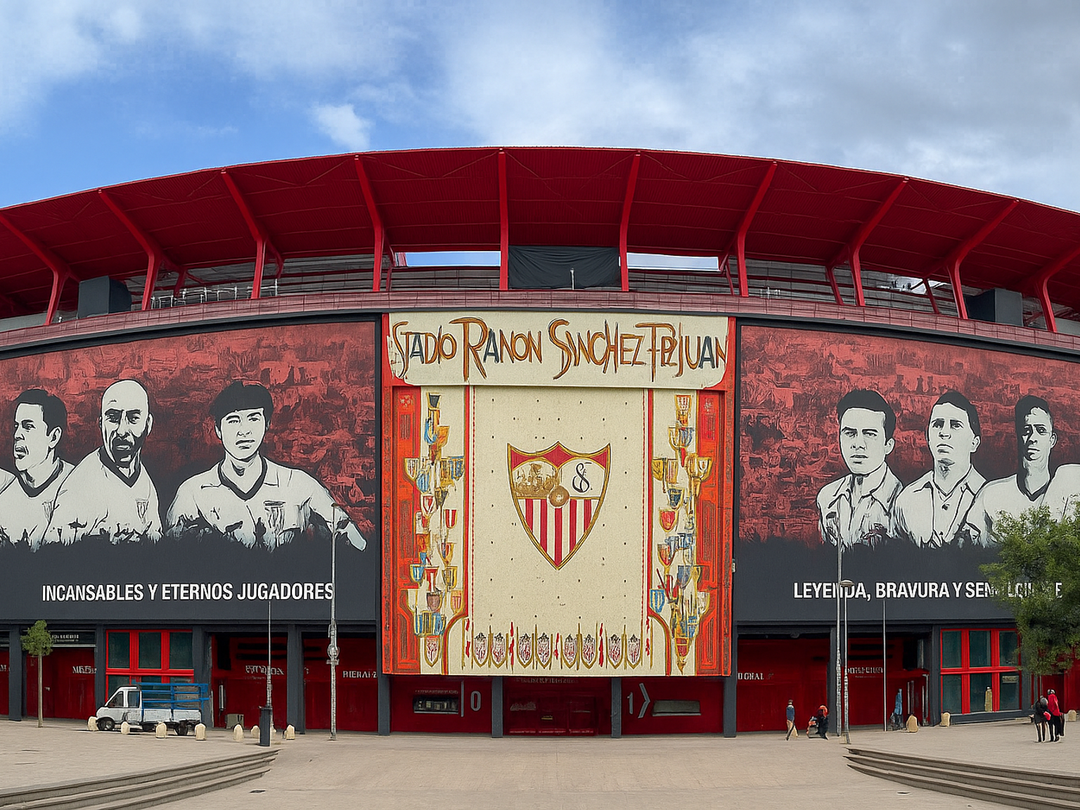 Estadio Ramón Sánchez Pizjuán, egy piros stadion külső, legendás futballisták falfestményeivel és a Sevilla FC címerével.