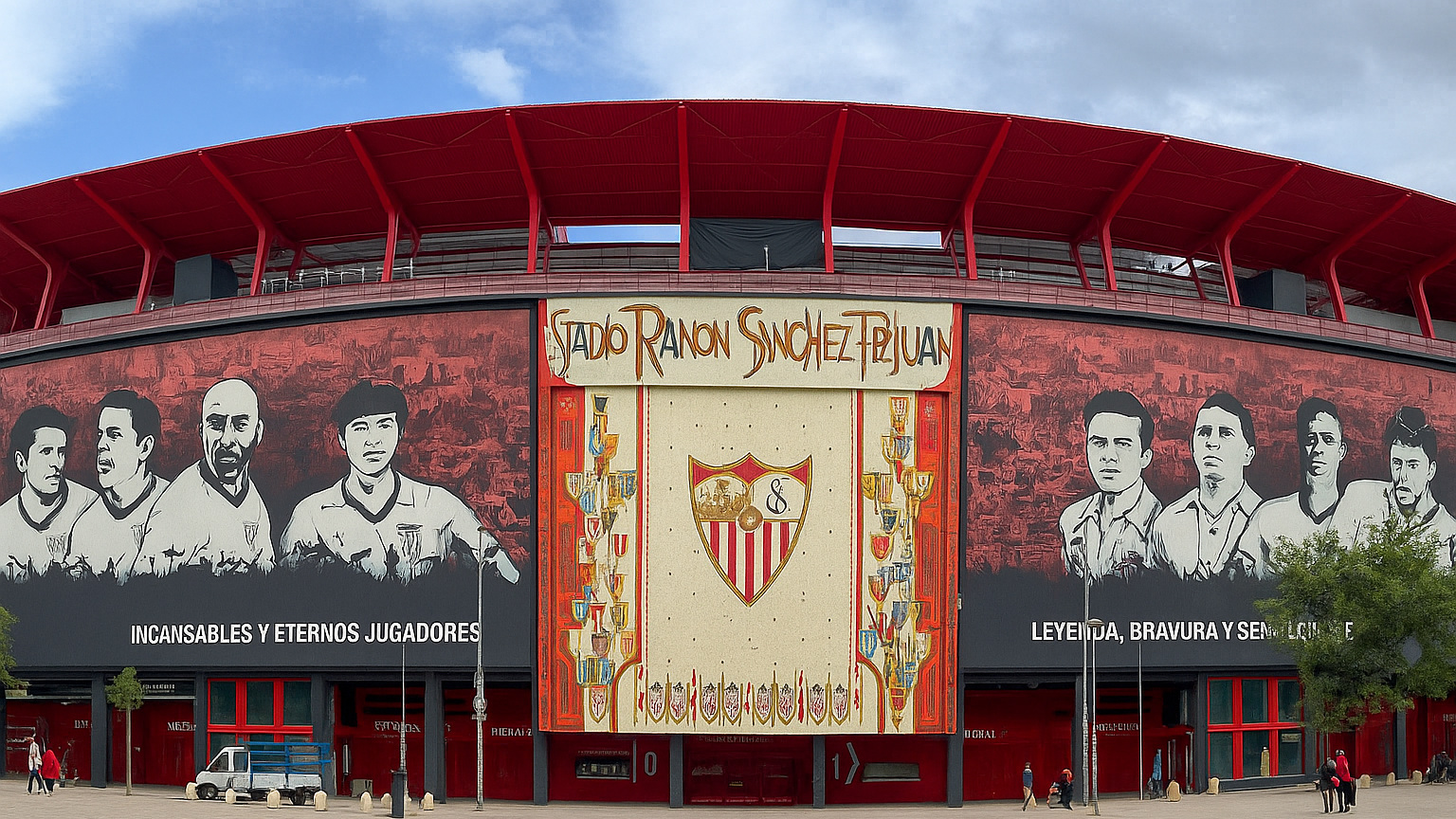 Estadio Ramón Sánchez Pizjuán, a red stadium exterior with murals of legendary football players and the Sevilla FC crest.