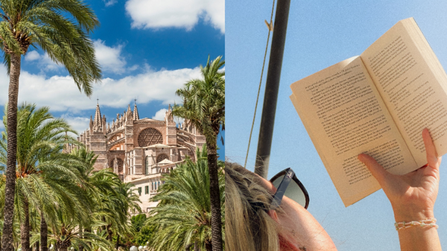 Delad bild: En storslagen katedral kantad med palmer till vänster; en person som läser en bok under ett parasoll till höger.